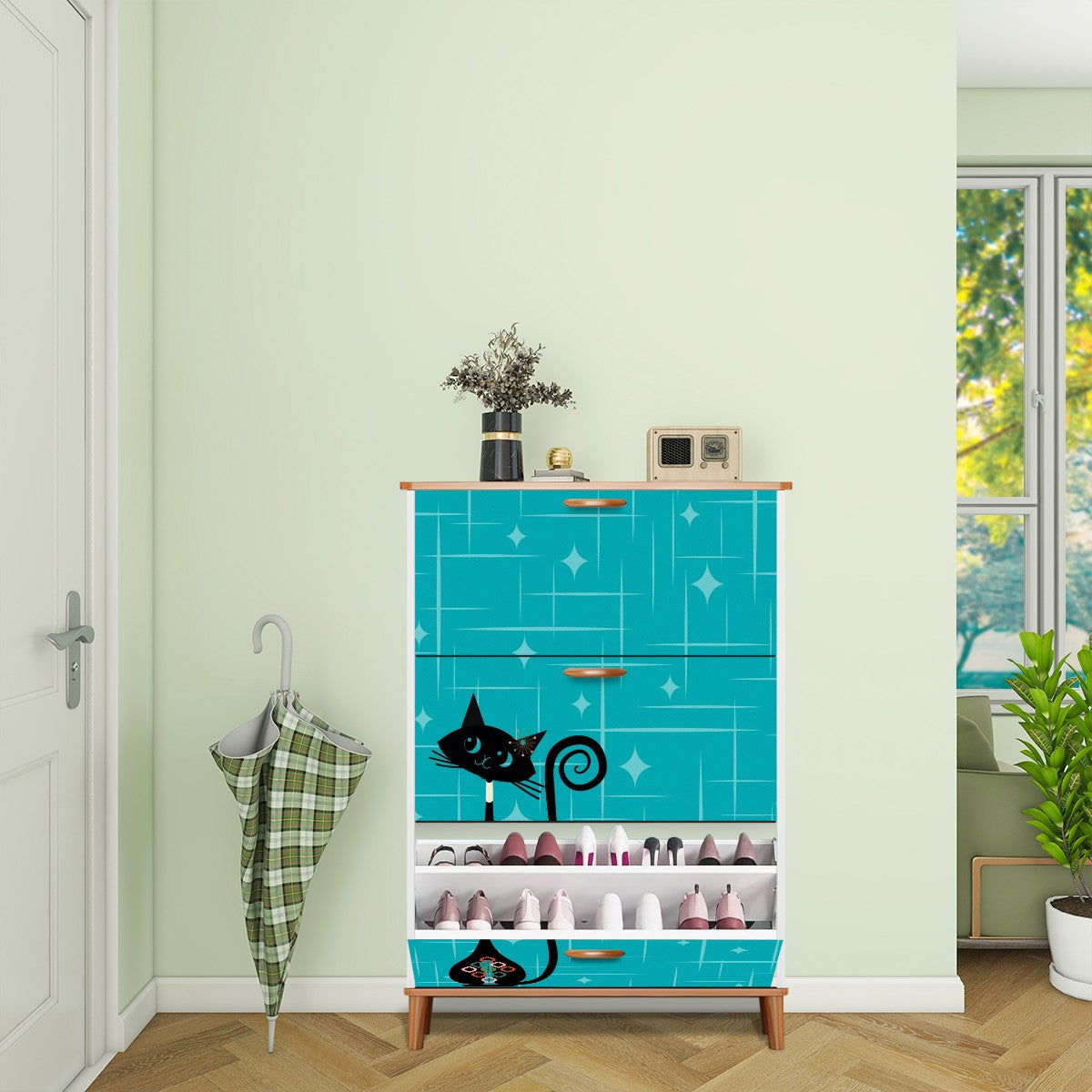 Atomic Kitschy Mod Cat, Teal, Mid Century Modern Shoe Cabinet - Mid Century Modern Gal