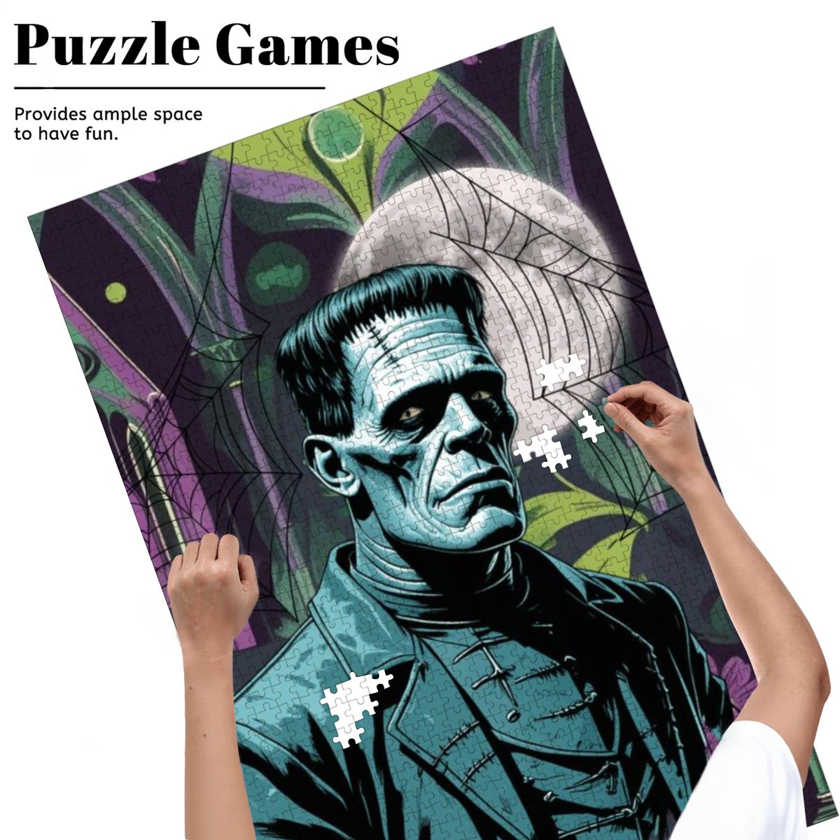 Retro Gothic Frankenstein Mid Mod Spooky Horror Wooden Jigsaw Puzzle - Mid Century Modern Gal