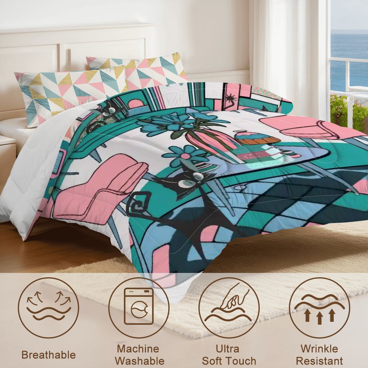 Mid Century Modern Atomic Kitschy Cats, Mod Lounge Scene, Retro MCM King Comforter Set - Mid Century Modern Gal