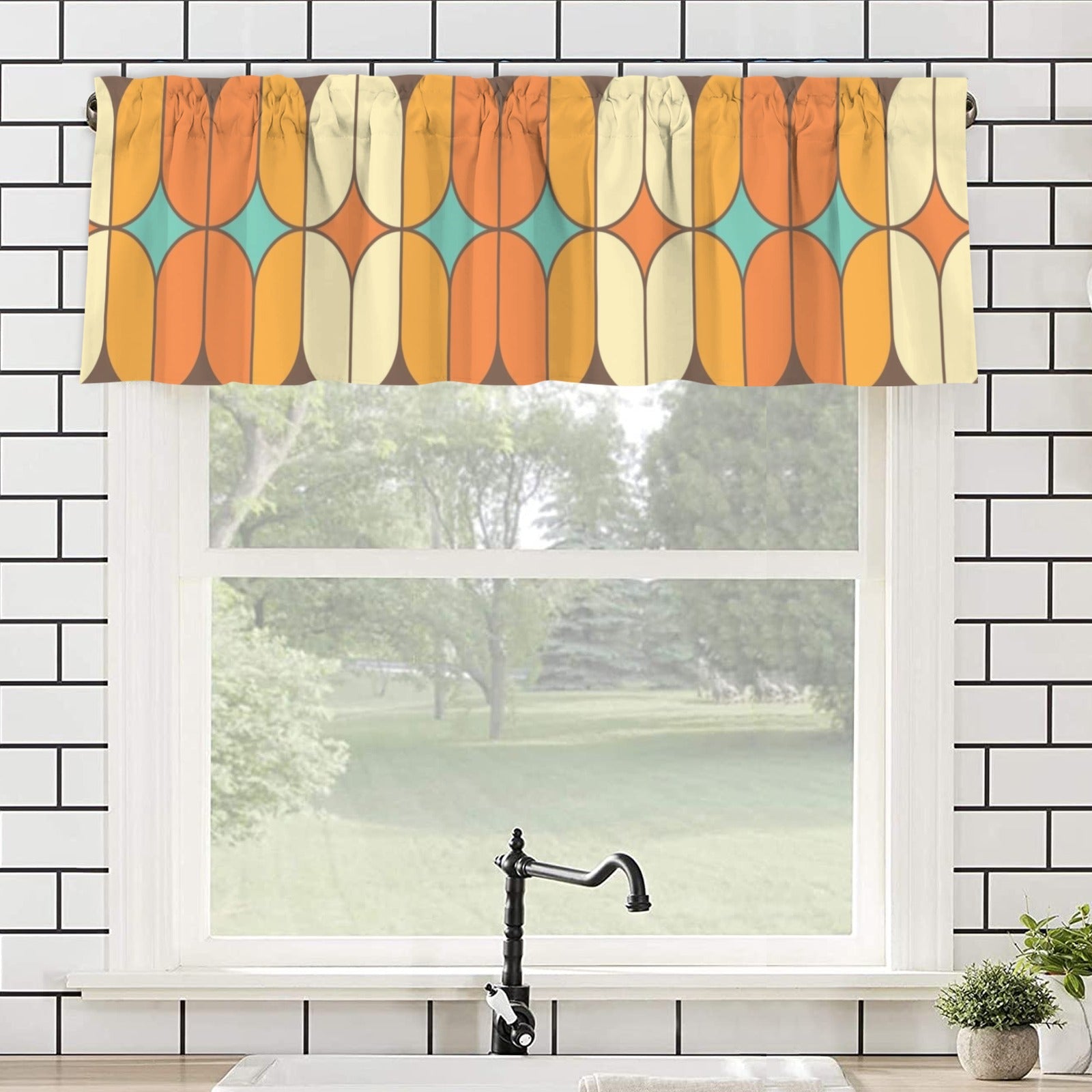 Mid Century Modern Orange Teal Geometric Retro Window Valance Curtain - Mid Century Modern Gal
