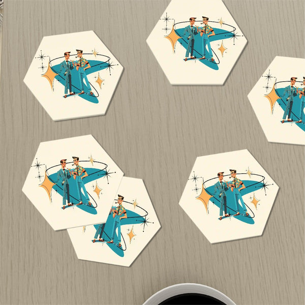 Mid Mod Men, Dapper Dudes Cigar Smoking Mid Century Modern Barware Hexagon Ceramic Coasters Set of 6