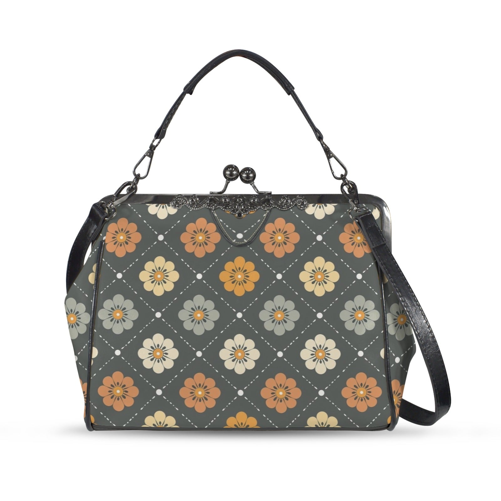 Scandinavian Floral, Mustard Yellow, Gray Mid Century Modern Kisslock Crossbody Purse - Mid Century Modern Gal