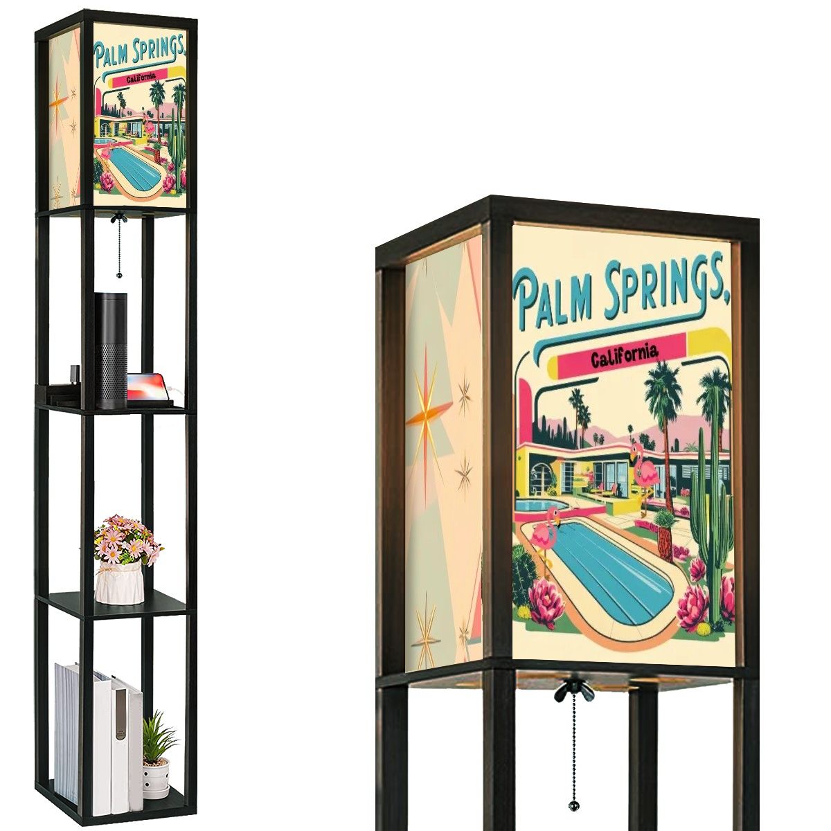 Palm Spring California Flamingo Kitsch Modern Floor Lamp with Shelves - Mid Century Modern Gal