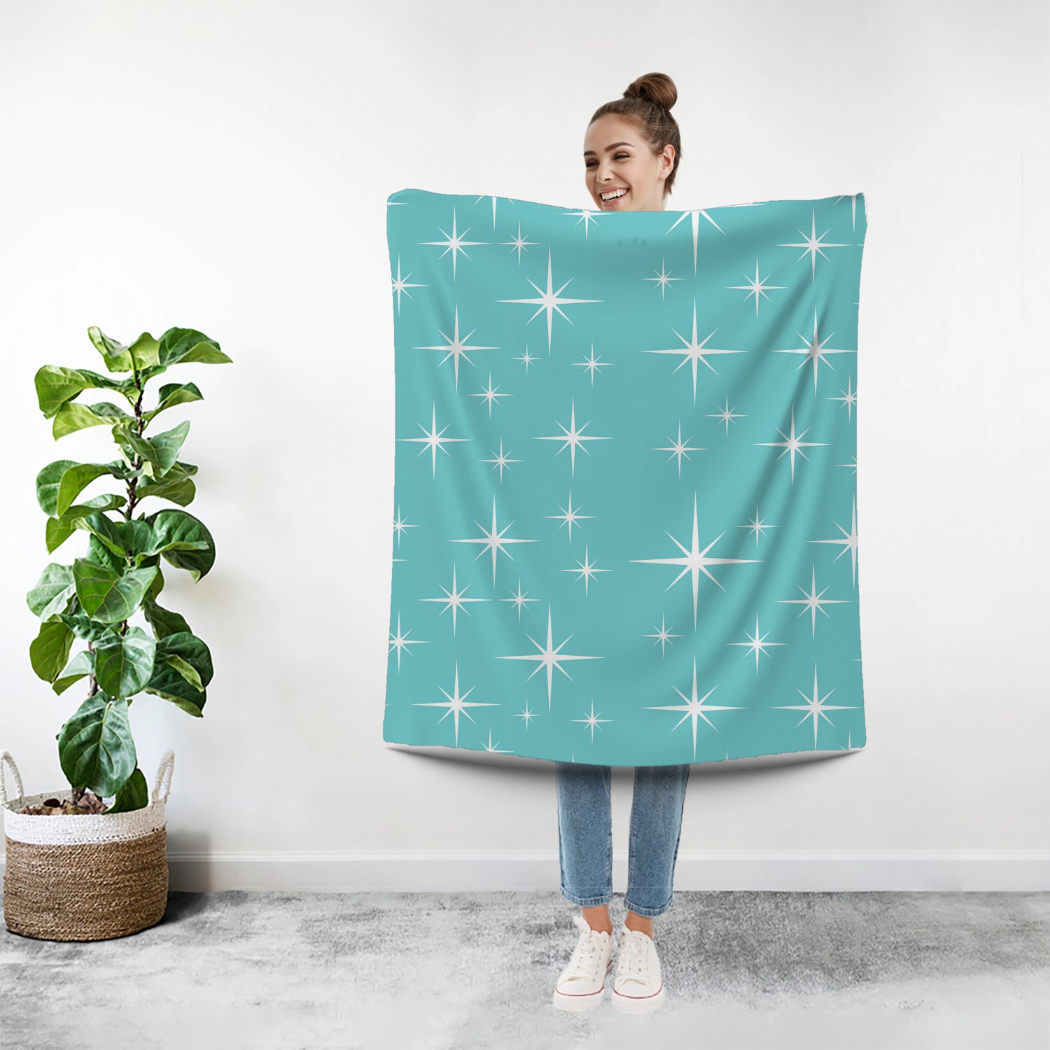Atomic 50s Aqua Blue Starburst, Mid Century Modern Minky Blanket - Mid Century Modern Gal