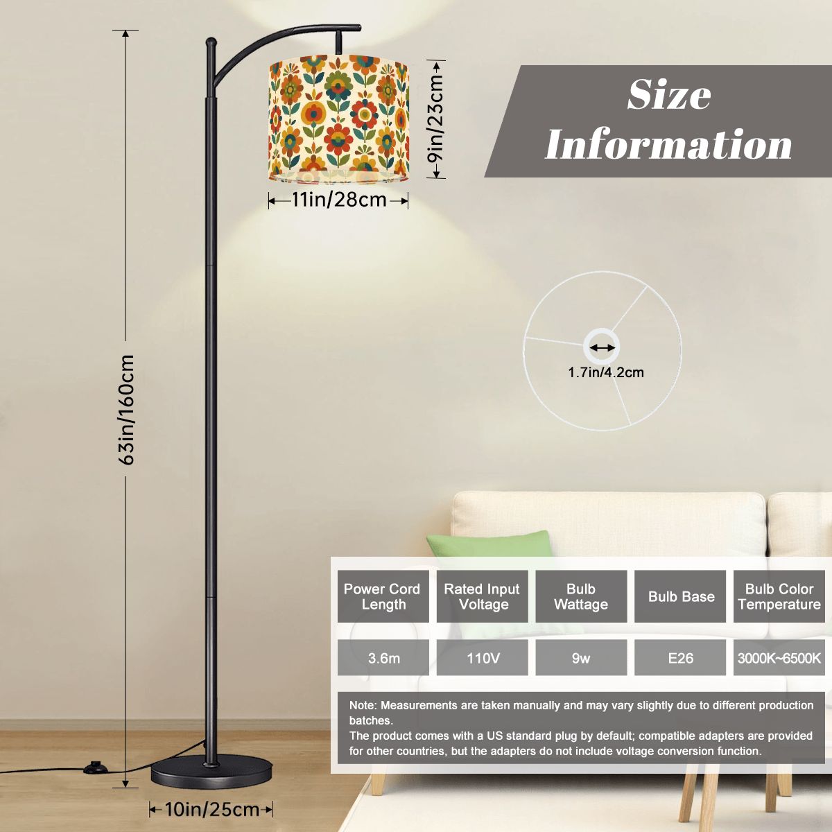 Mid Century Modern Scandinavian Floral Earth Tones Arc Floor Lamp