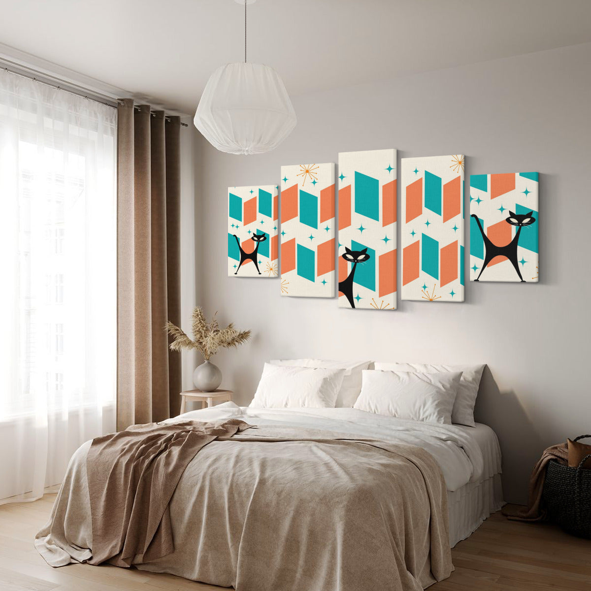 Atomic Cat Mid Century Modern Wall Art, 5 Piece Canvas Set - Mid Century Modern Gal