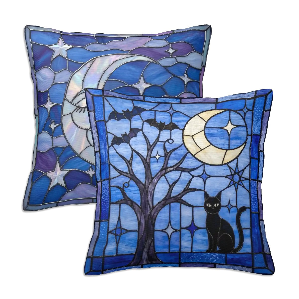 Halloween Stained Glass Style Black Cat and Crescent Moon Throw Pillow Covers Set of 2 - Covers Only