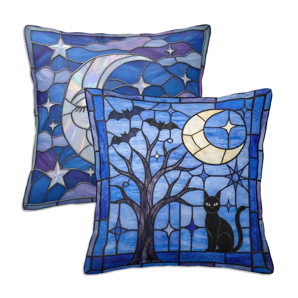 Halloween Stained Glass Style Black Cat and Crescent Moon Throw Pillow Covers Set of 2 - Covers Only