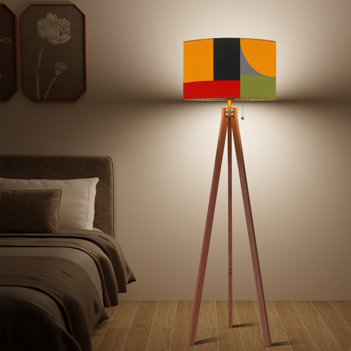 Mid Century Modern Wood, Linen Shade Tripod Floor Lamp Geometric Mod Design - Mid Century Modern Gal