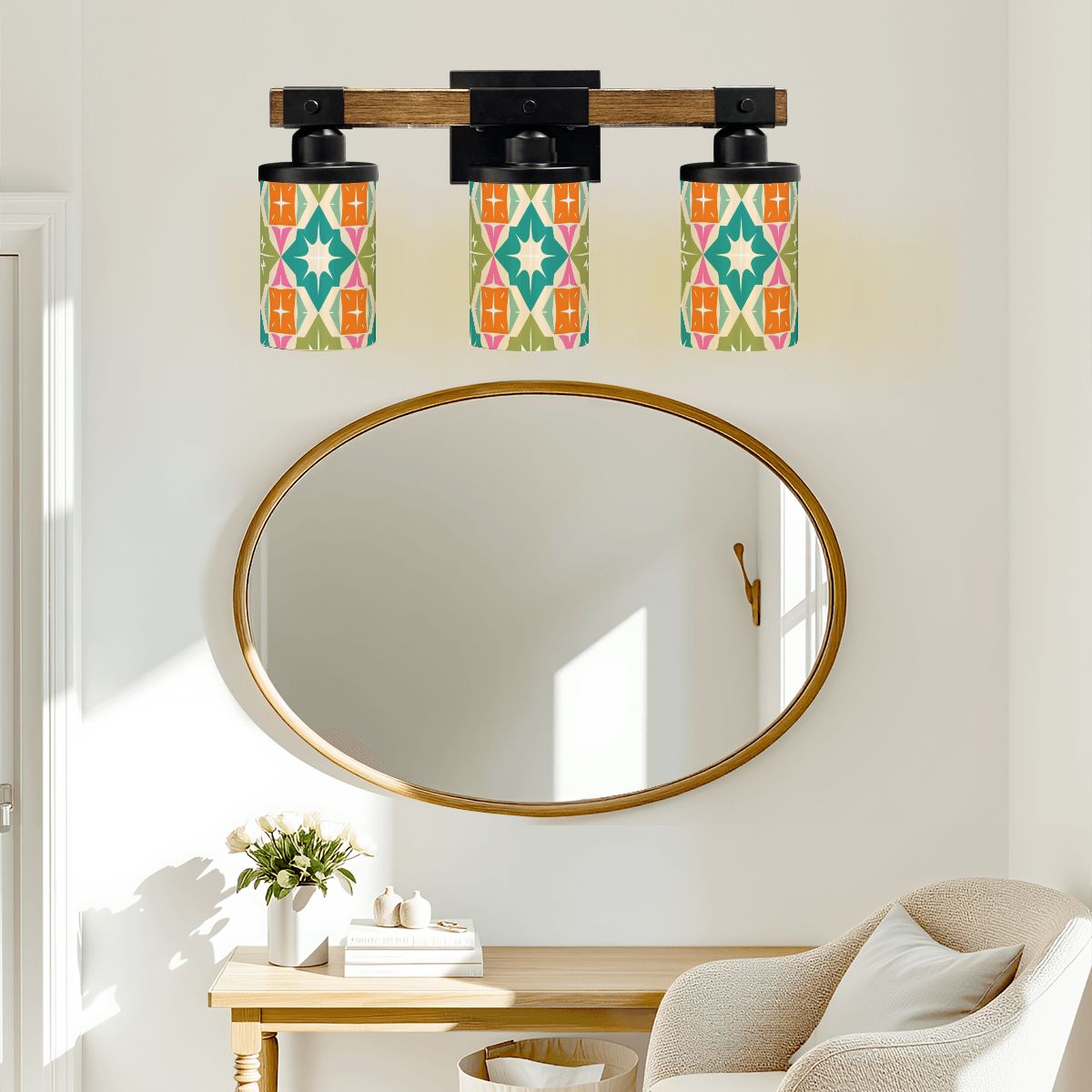 Mid Century Modern Vanity Light Fixture, Orange Green Teal Starburst Geometric Designed - Mid Century Modern Gal