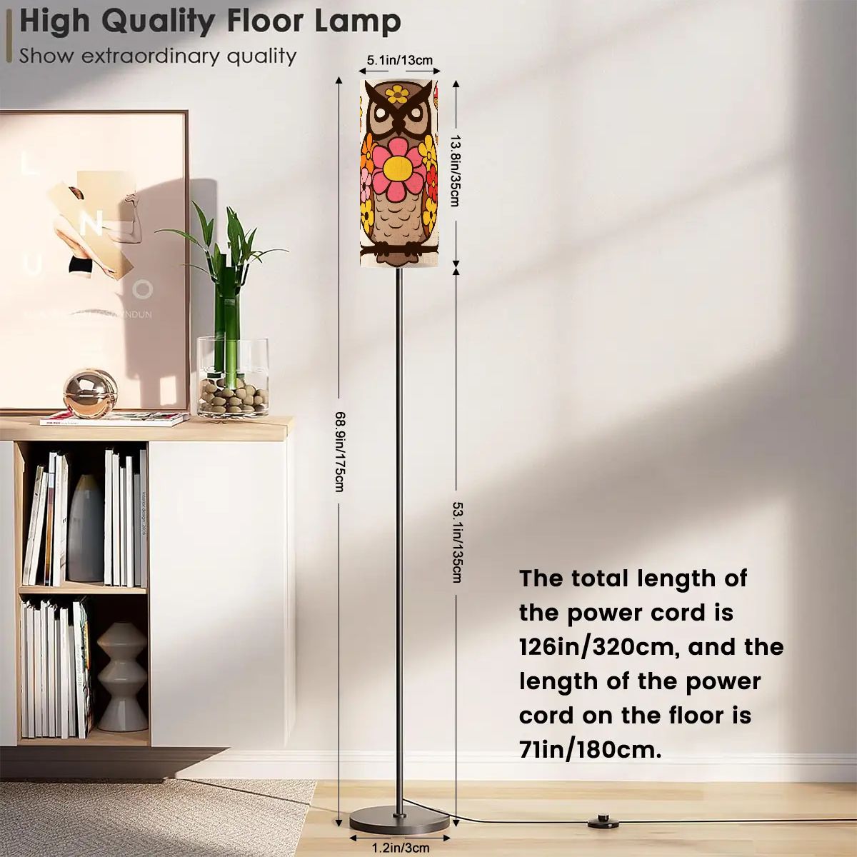 Mushroom Owl, Retro Mid Mod Flower Power 70s Home Decor Slim Floor Lamp - Mid Century Modern Gal