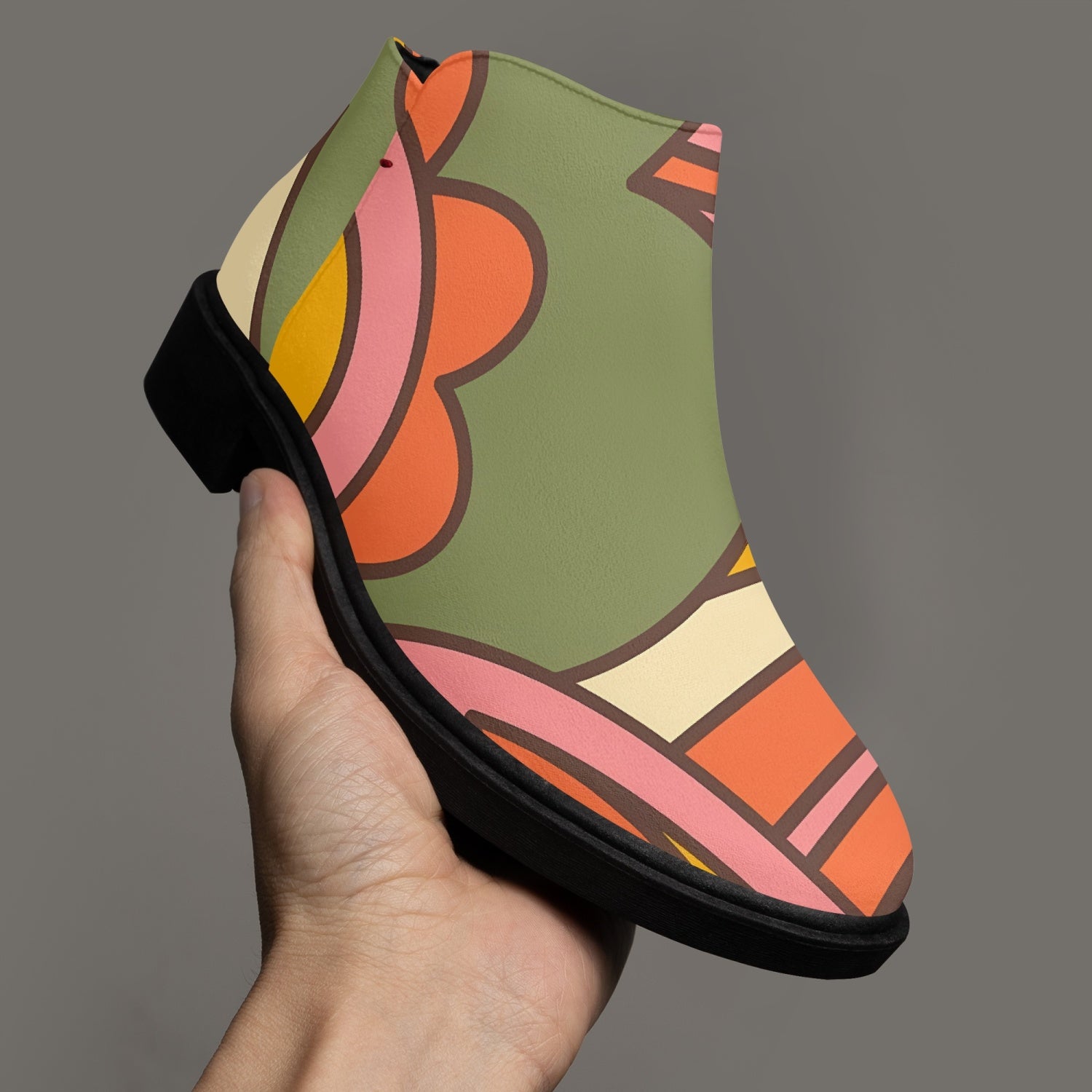 70s Mod Flower Power, Groovy Kitsch Ankle Shoe Boots With Atomic Kittie On Back - Mid Century Modern Gal