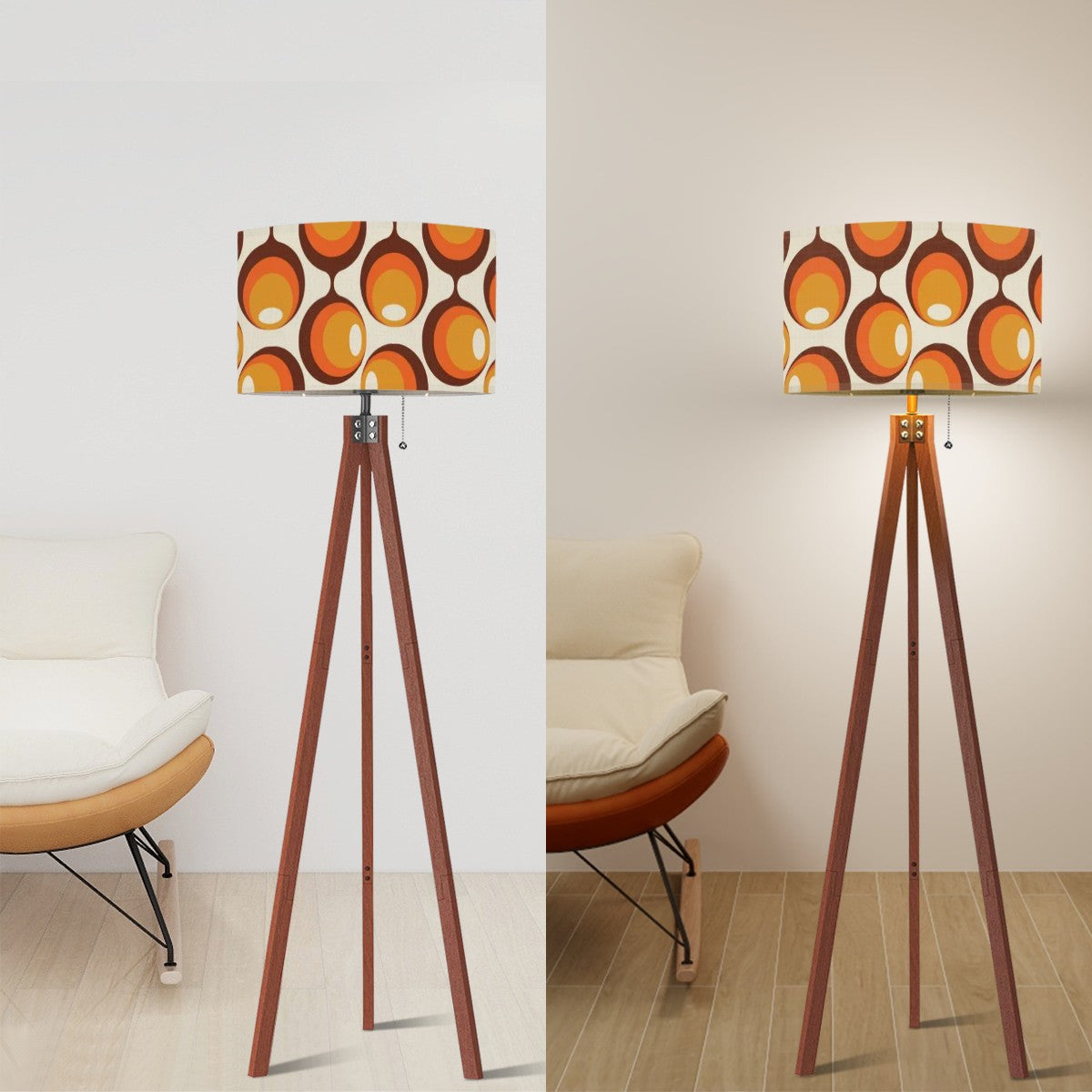 Space Orbs Groovy Mod, Orange, Brown Retro Tripod Floor Lamp - Mid Century Modern Gal