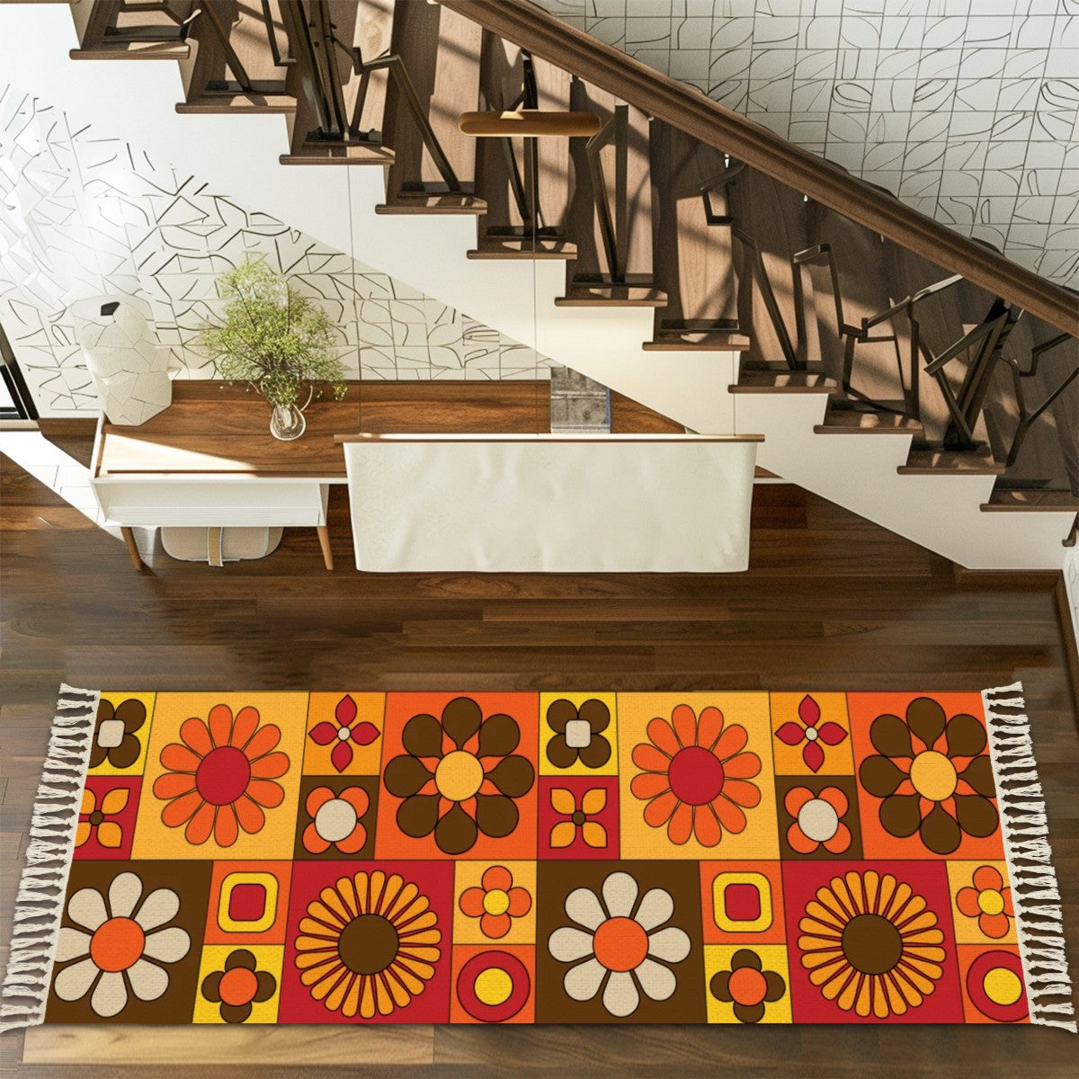 70s Boho Retro Groovy Flower Rug Runner with Tassels - Mid Century Modern Gal
