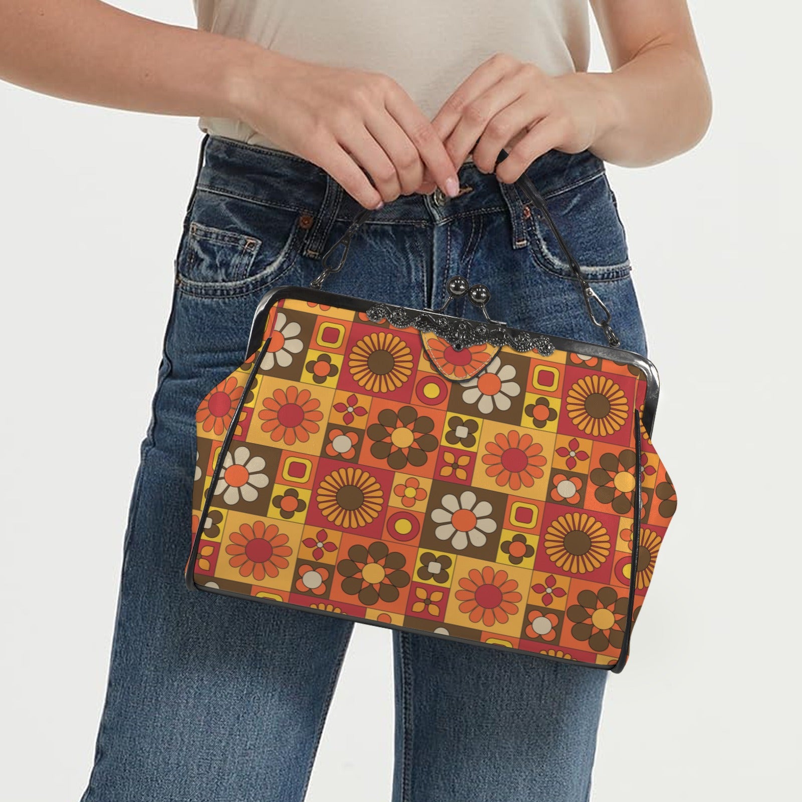 Retro 70s Mod Floral Orange Brown Yellow Mid Mod Hip Kisslock Crossbody Purse - Mid Century Modern Gal