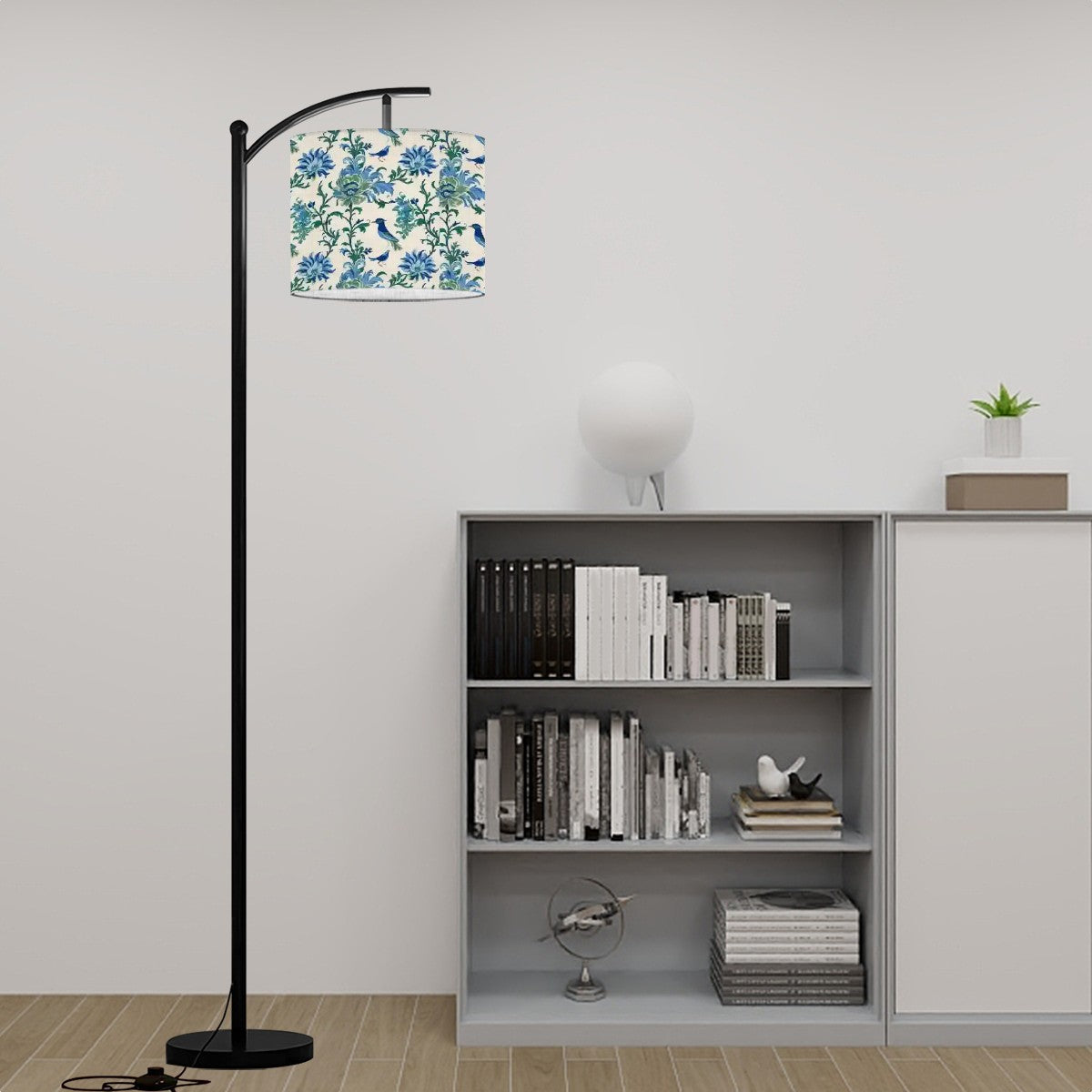 Chinoiserie Botanical Garden Birds, Blue, Green Asian Inspired Modern Arc Floor Lamp - Mid Century Modern Gal