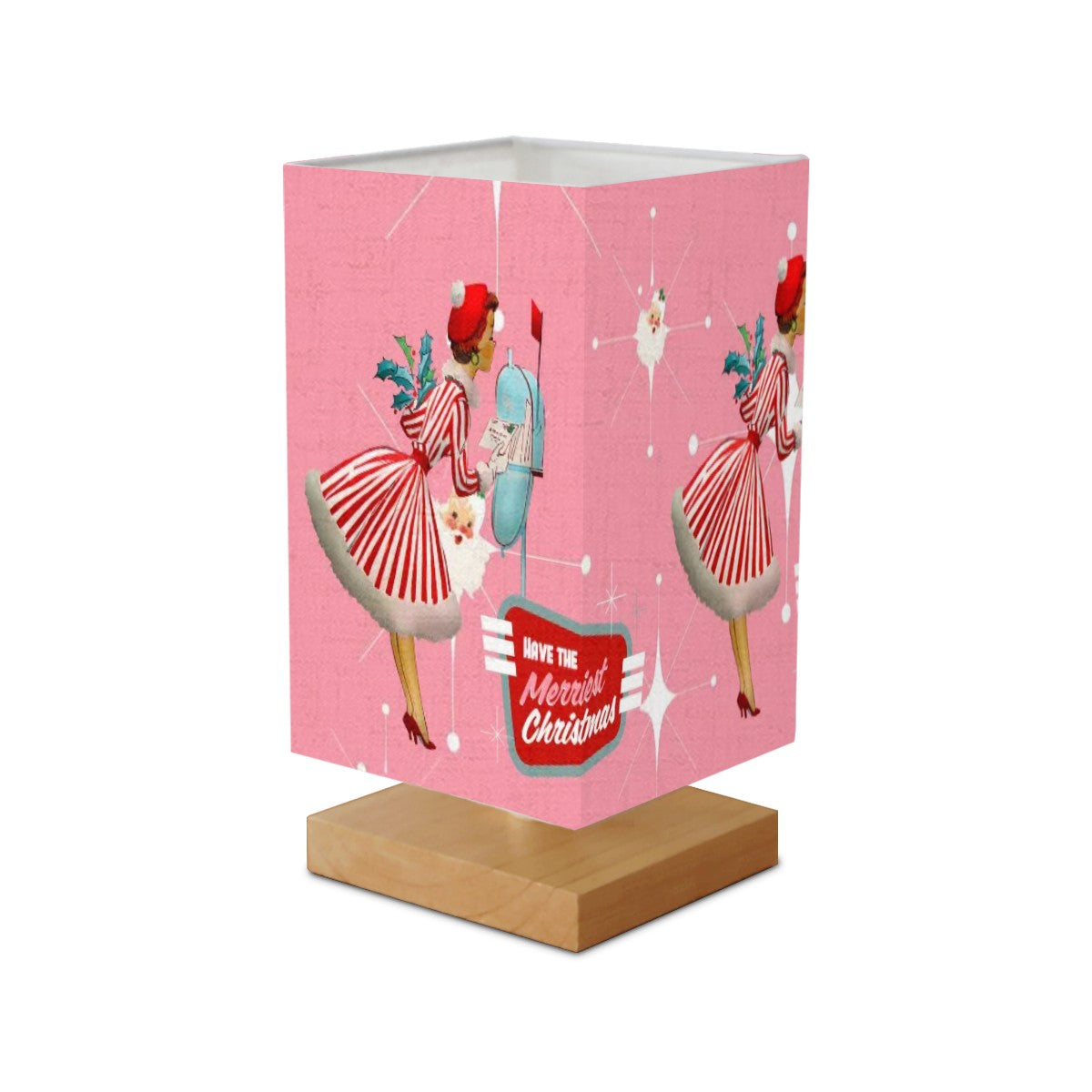 50s Holiday Kitsch Mid Century Modern Christmas Pink Mod Gal Square Table Lamp - Mid Century Modern Gal