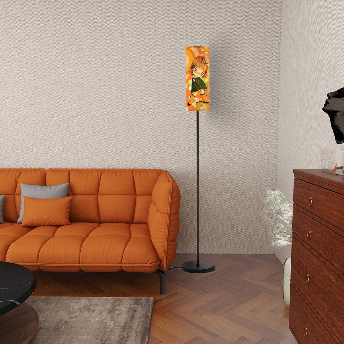Retro 60s 70s Big-Eyed Girl Art Lamp, Flower Power Orange - Mid Century Modern Gal