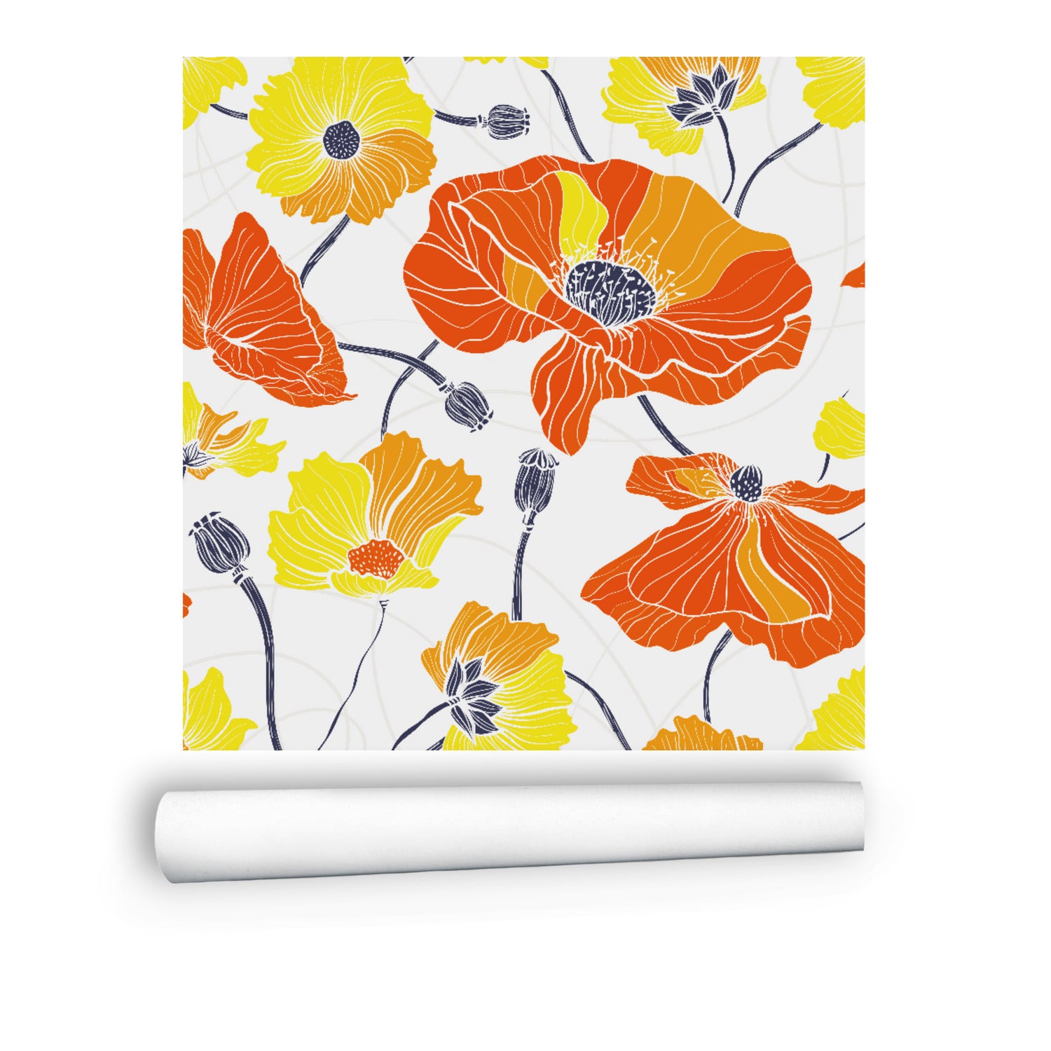 Vintage Poppy Orange Yellow Retro Florals, Mid Century Modern Wall Murals - Mid Century Modern Gal