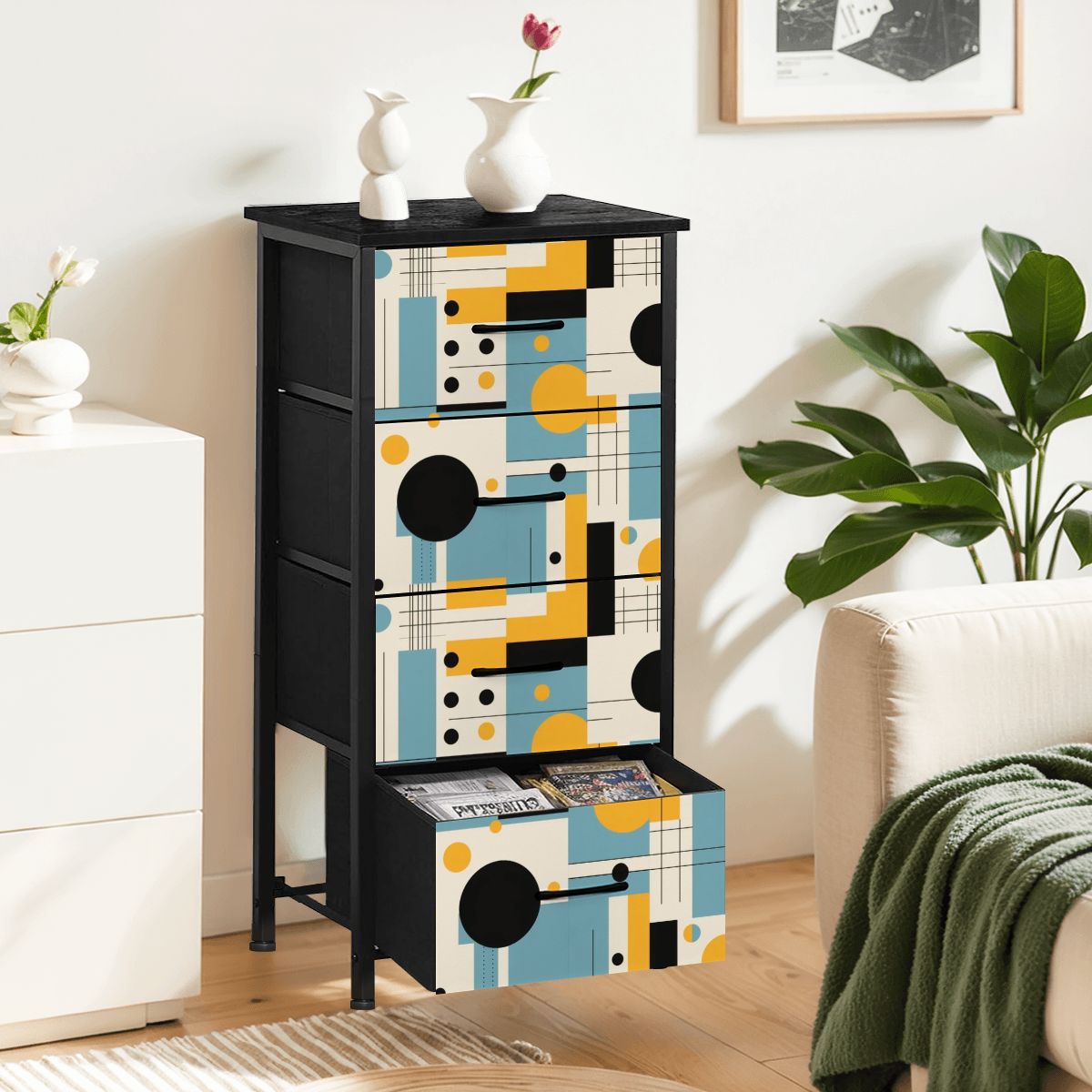 Bauhaus Mid Century Modern Geometric Blue Yellow 4-Drawer Dresser - Mid Century Modern Gal