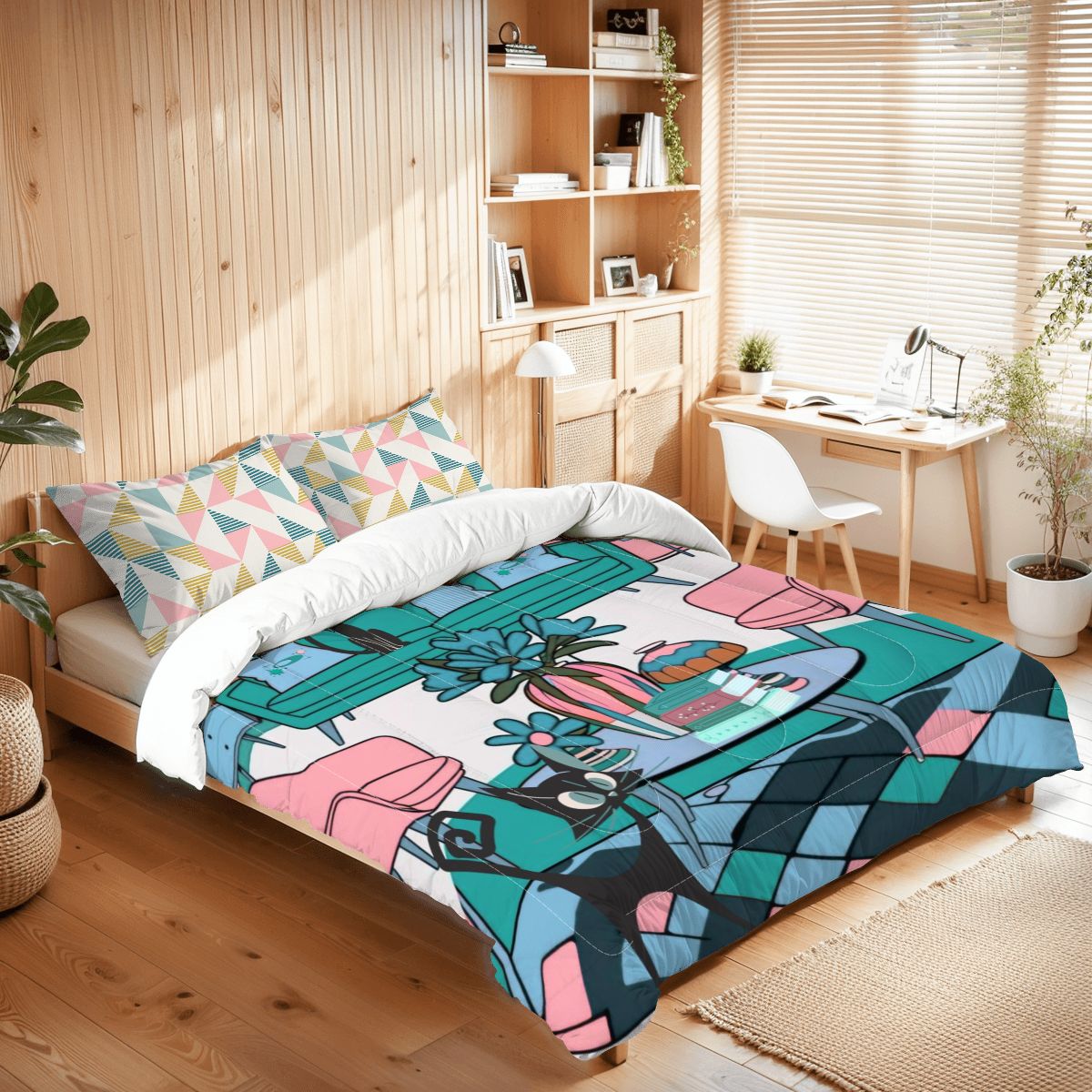 Mid Century Modern Atomic Kitschy Cats, Retro Fun And Quirky Queen Comforter Set - Mid Century Modern Gal
