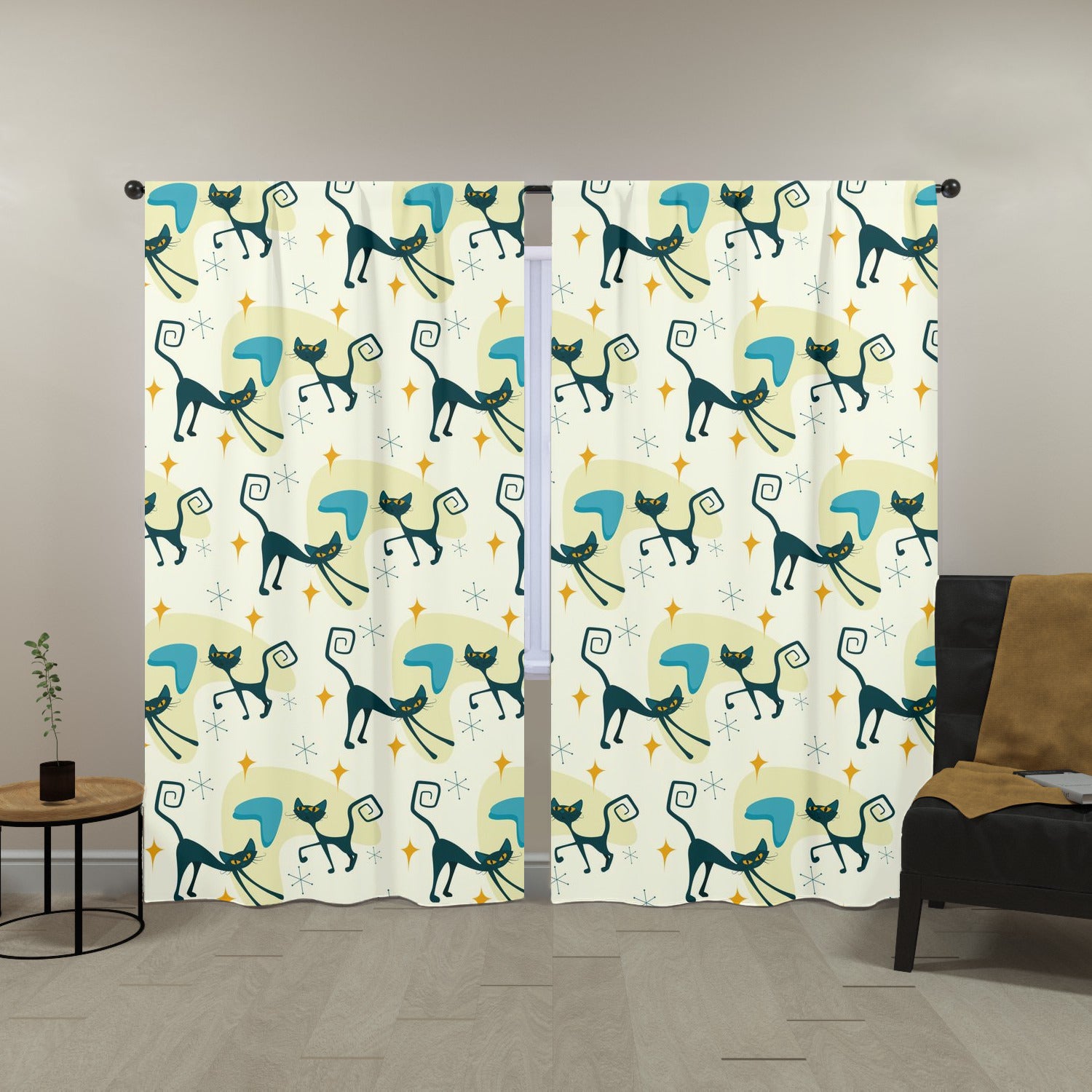 Atomic Cat Mid Century Modern Window Curtains (two panels) - Mid Century Modern Gal