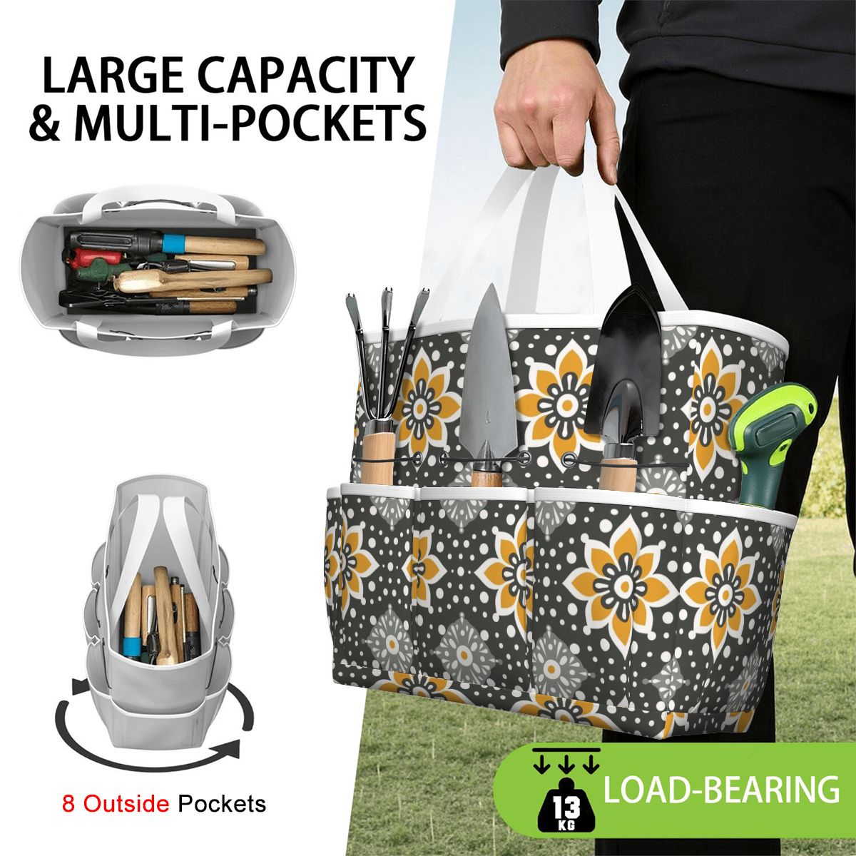 Floral Bohemian Retro Gray Yellow Modern Garden Tool Bag - Mid Century Modern Gal