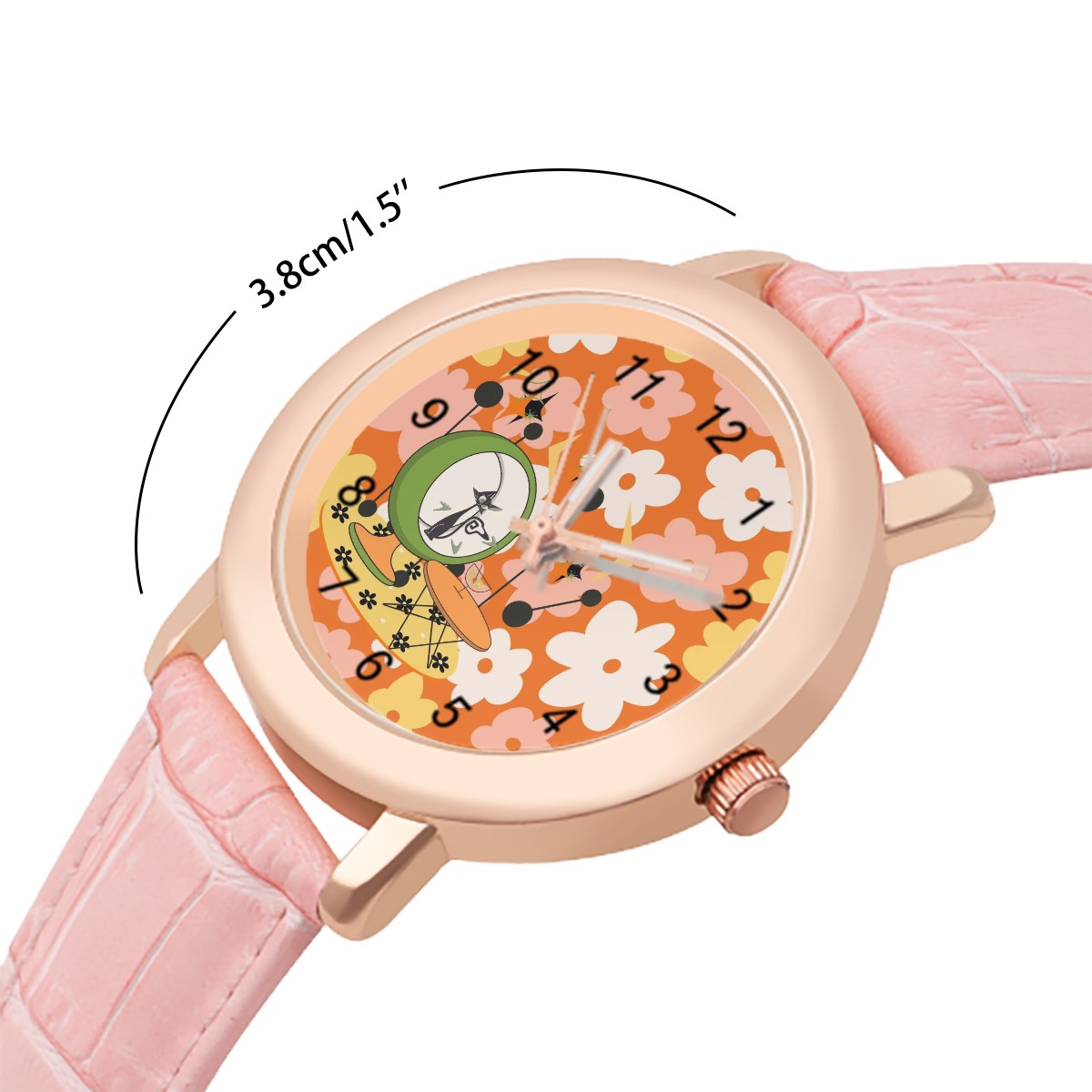 Groovy Retro Floral Orange, Pink Mid Mod Atomic Cat Women's Leather Watch - Mid Century Modern Gal
