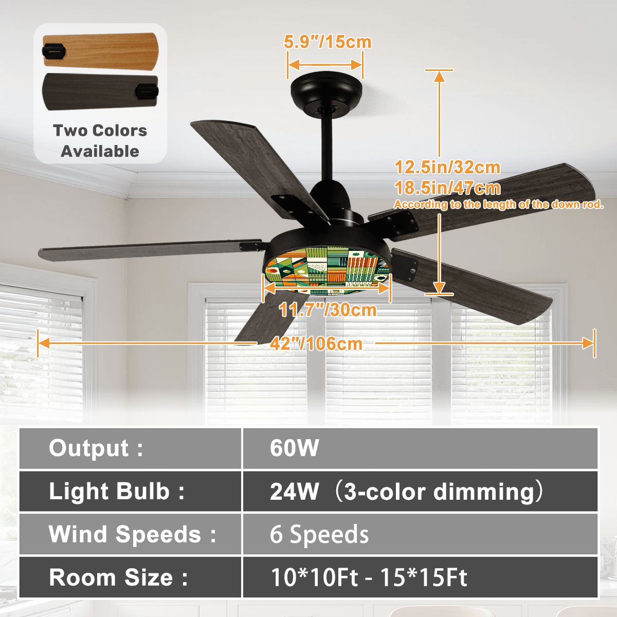 Mid Century Modern Bauhaus Geometric Designed Green, Orange Ceiling Fan With Light - Mid Century Modern Gal
