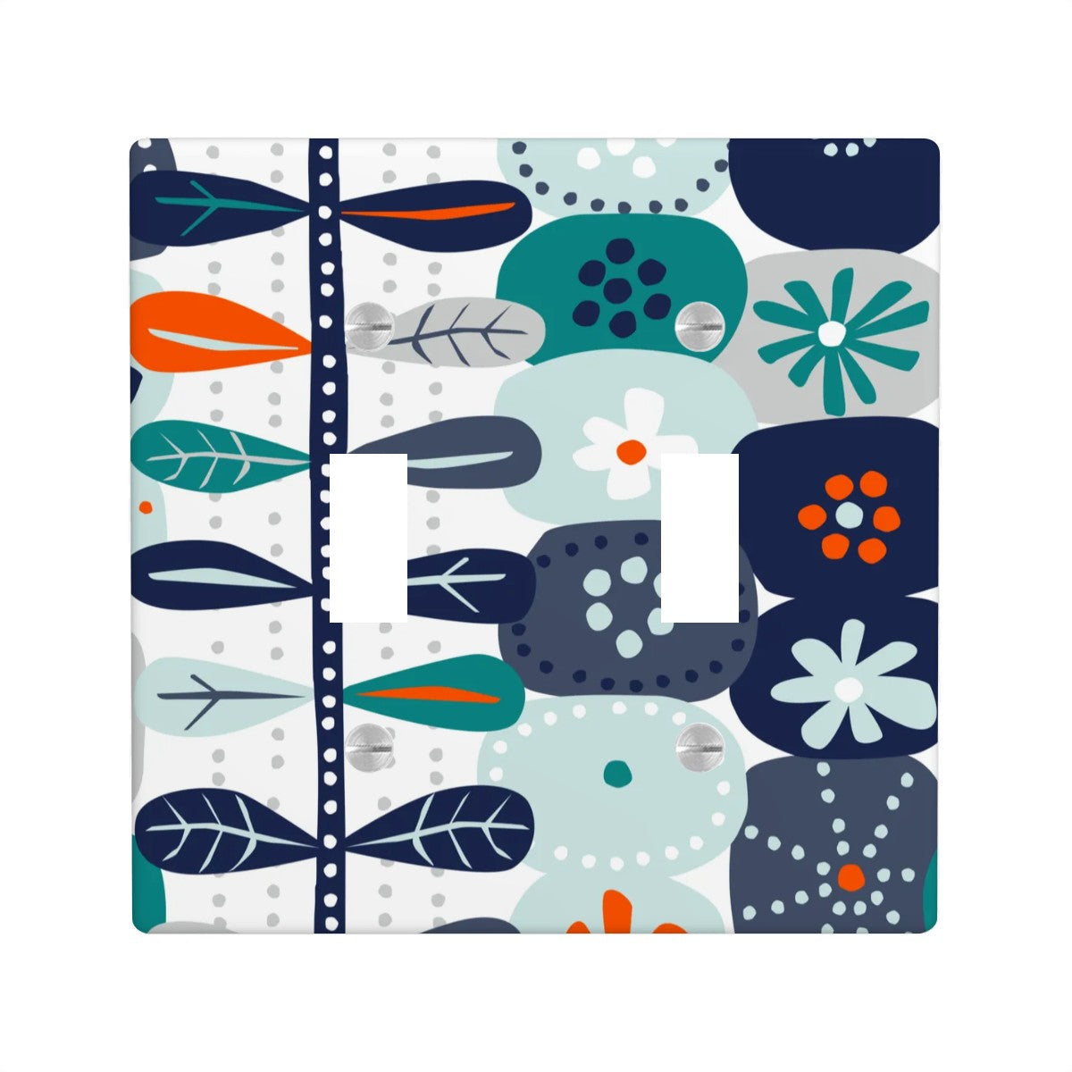 Modern Danish Scandinavian Floral Designed Blue, Teal, Orange White Switch Cover 2-Gang 2 Toggle - Mid Century Modern Gal