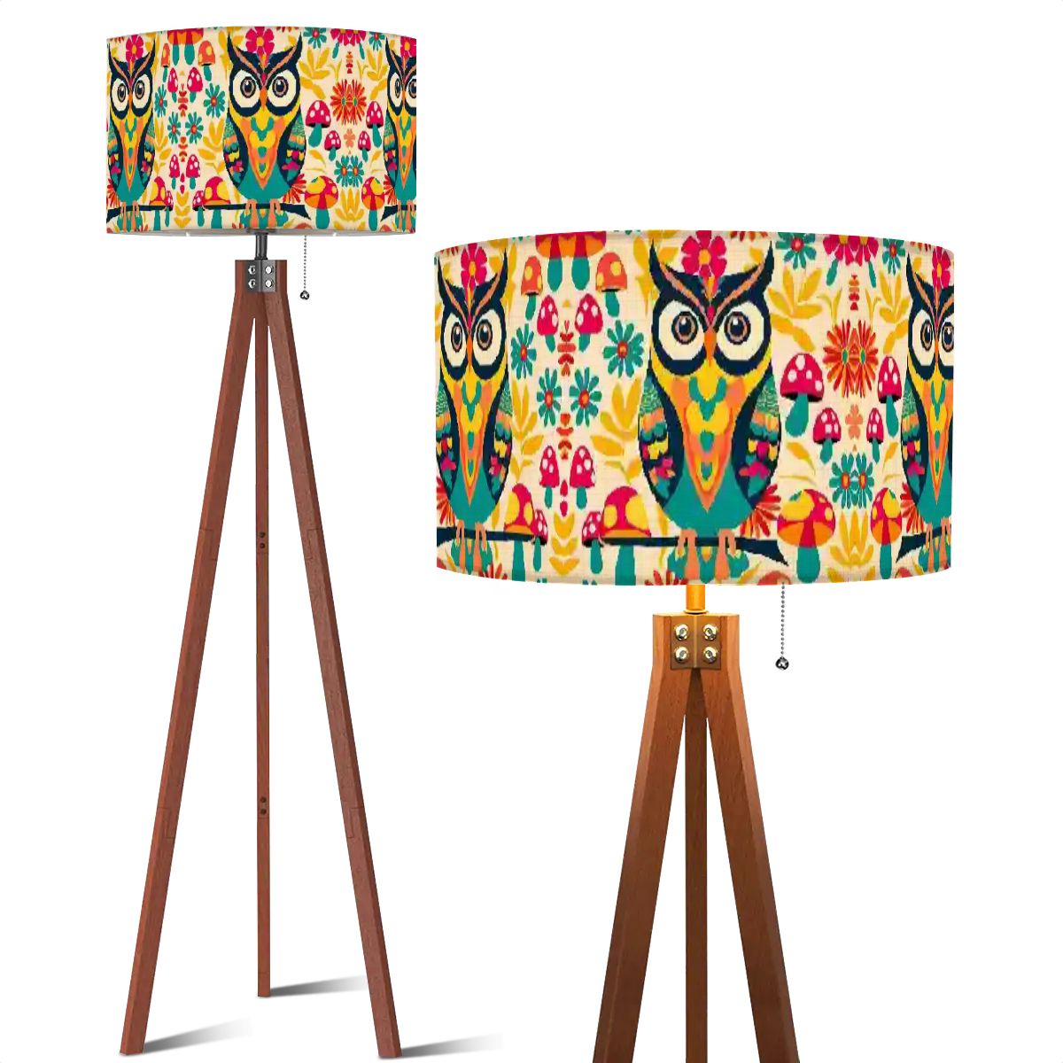Flower Power Mushroom Owl, 70s Mid Mod Retro Tripod Floor Lamp - Mid Century Modern Gal
