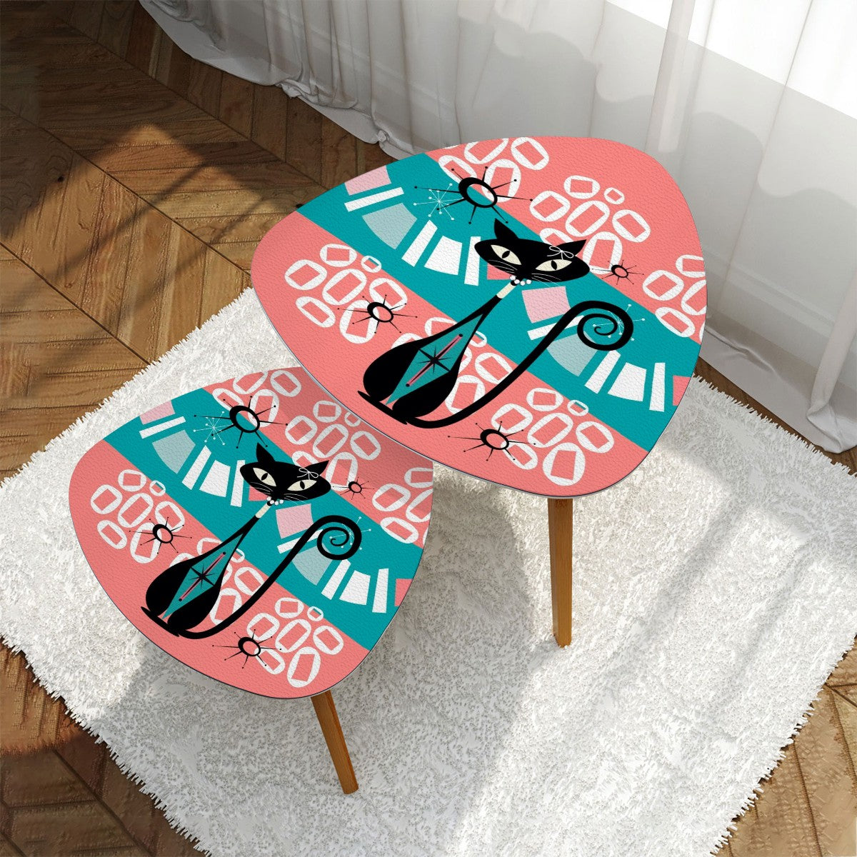 Atomic Cat Mid Century Modern Nesting Tables In Coral, Teal Kitschy Mod Triangle Coffee Table Set of 2 - Mid Century Modern Gal