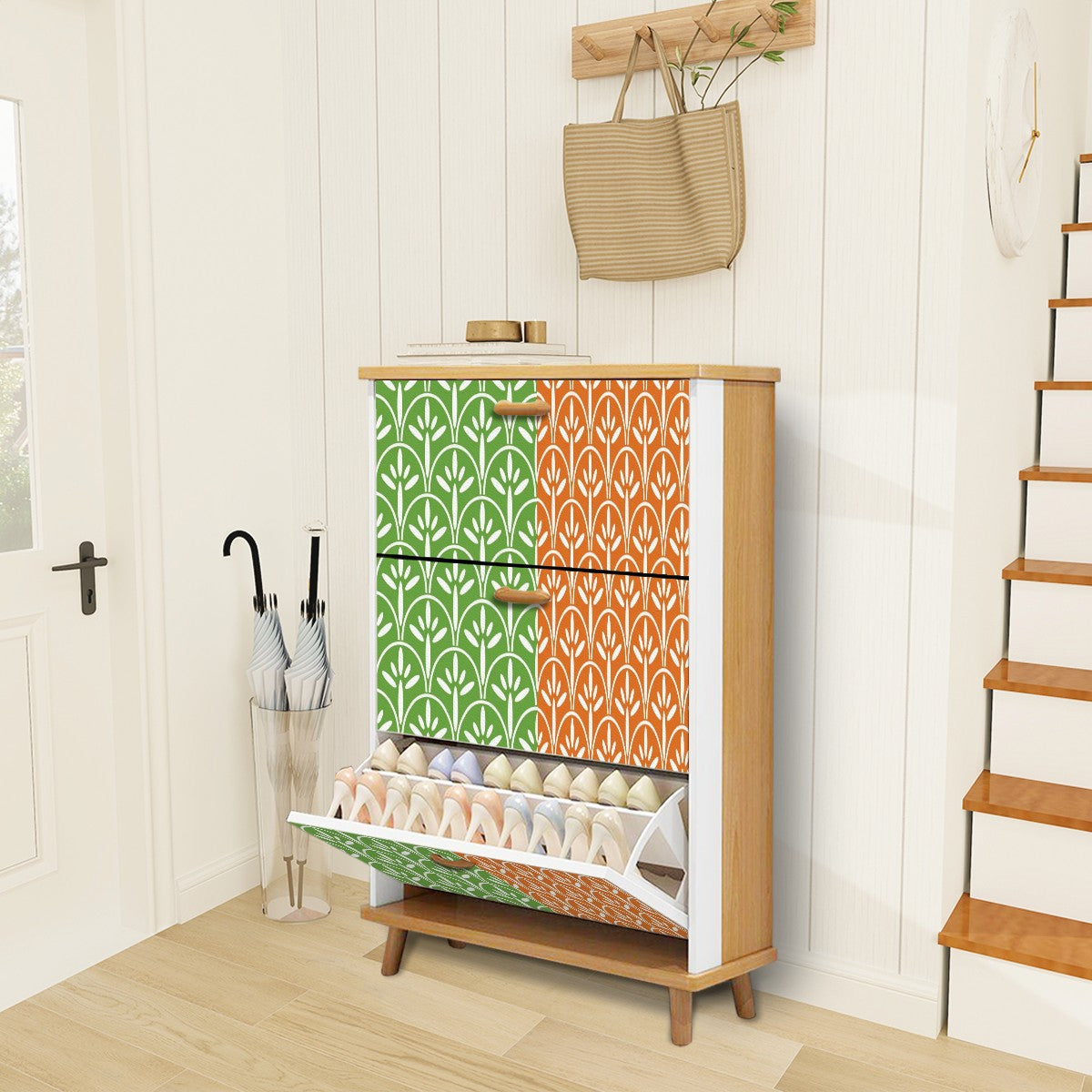 Art Deco Modern Shoe Storage Cabinet | Green Grass And Tangerine Orange Stylish & Functional Entryway Organizer - Mid Century Modern Gal