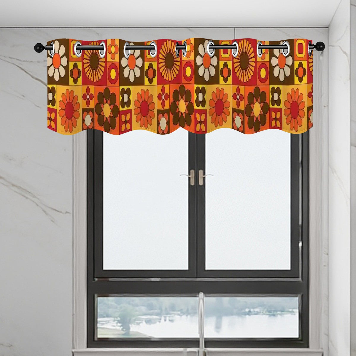 Retro Mid Mod 70s Flower Power Orange, Brown Yellow Retro Kitchen Valance Curtains - Mid Century Modern Gal
