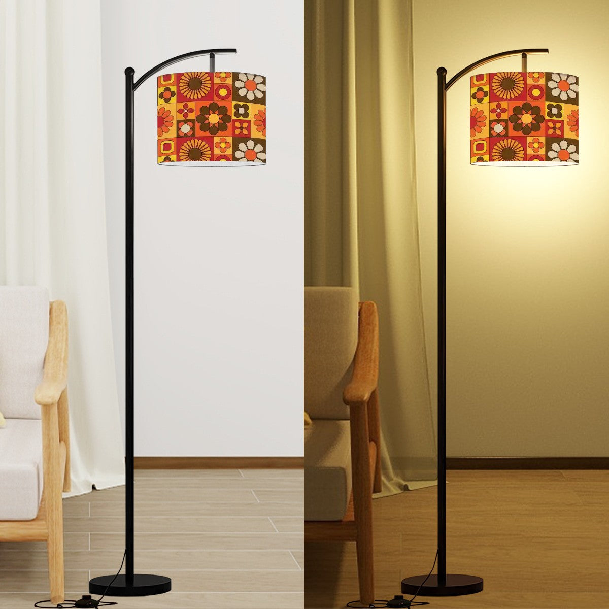 Retro Mid Mod Brown Orange Yellow Groovy 70s Arc Floor Lamp Shade with Ring - Mid Century Modern Gal