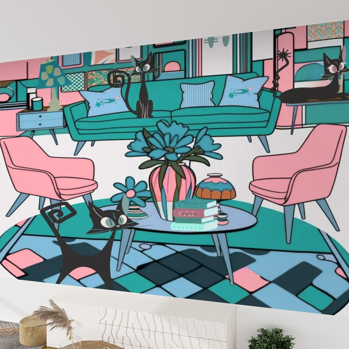 Atomic Cat Lounge Mid Century Modern Pink Teal Kitschy Mod Canvas Self Adhesive Wallpaper - Mid Century Modern Gal