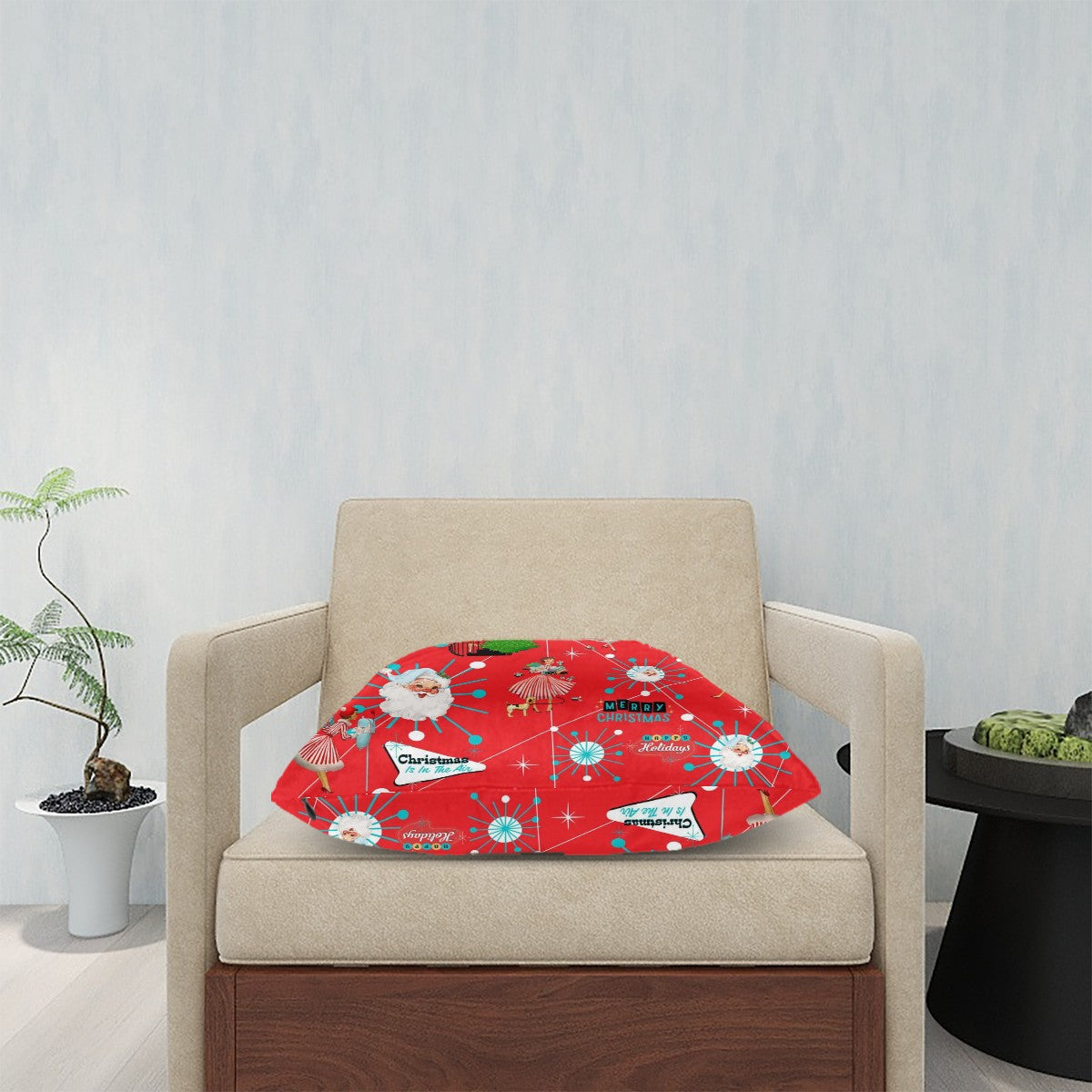 Mid Century Modern Christms Starburst Santa, Kitschy Holiday Gals, Plush Throw Pillow Covers - Mid Century Modern Gal