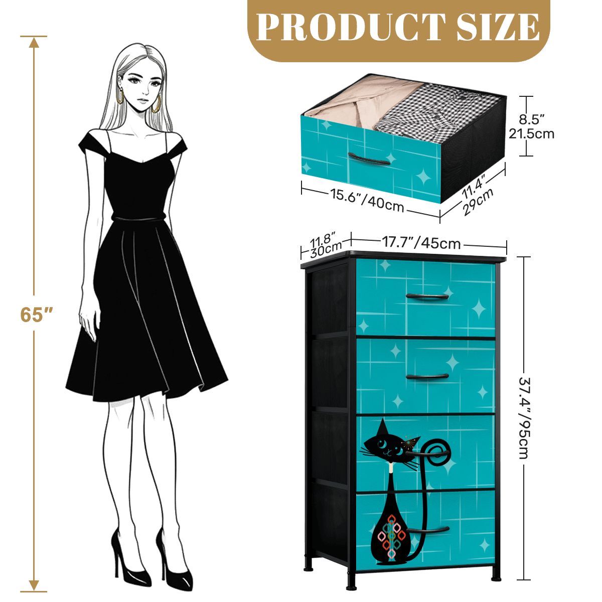 Atomic Kitschy Mod Cat, Teal, Mid Century Modern 4-Drawer Dresser - Mid Century Modern Gal