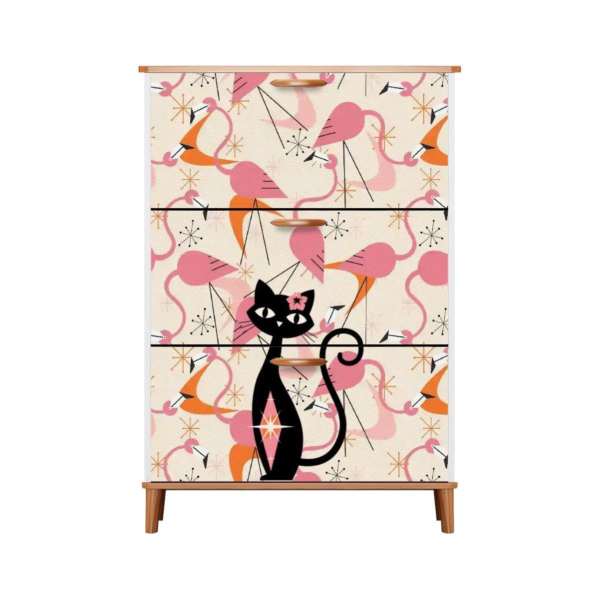 Mid Century Modern Flamingos, Atomic Cat Kitschy Mod Shoe Storage Cabinet - Mid Century Modern Gal