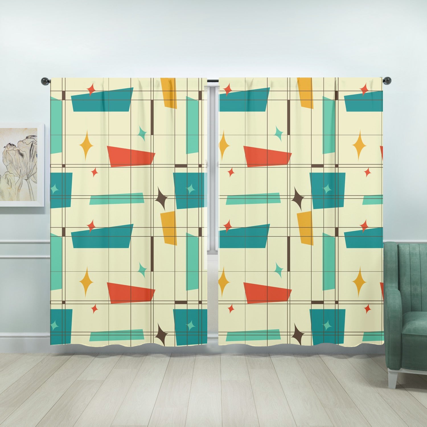 Mid Century Modern Fun And Funky Geometric Retro Window Curtains (two panels) - Mid Century Modern Gal