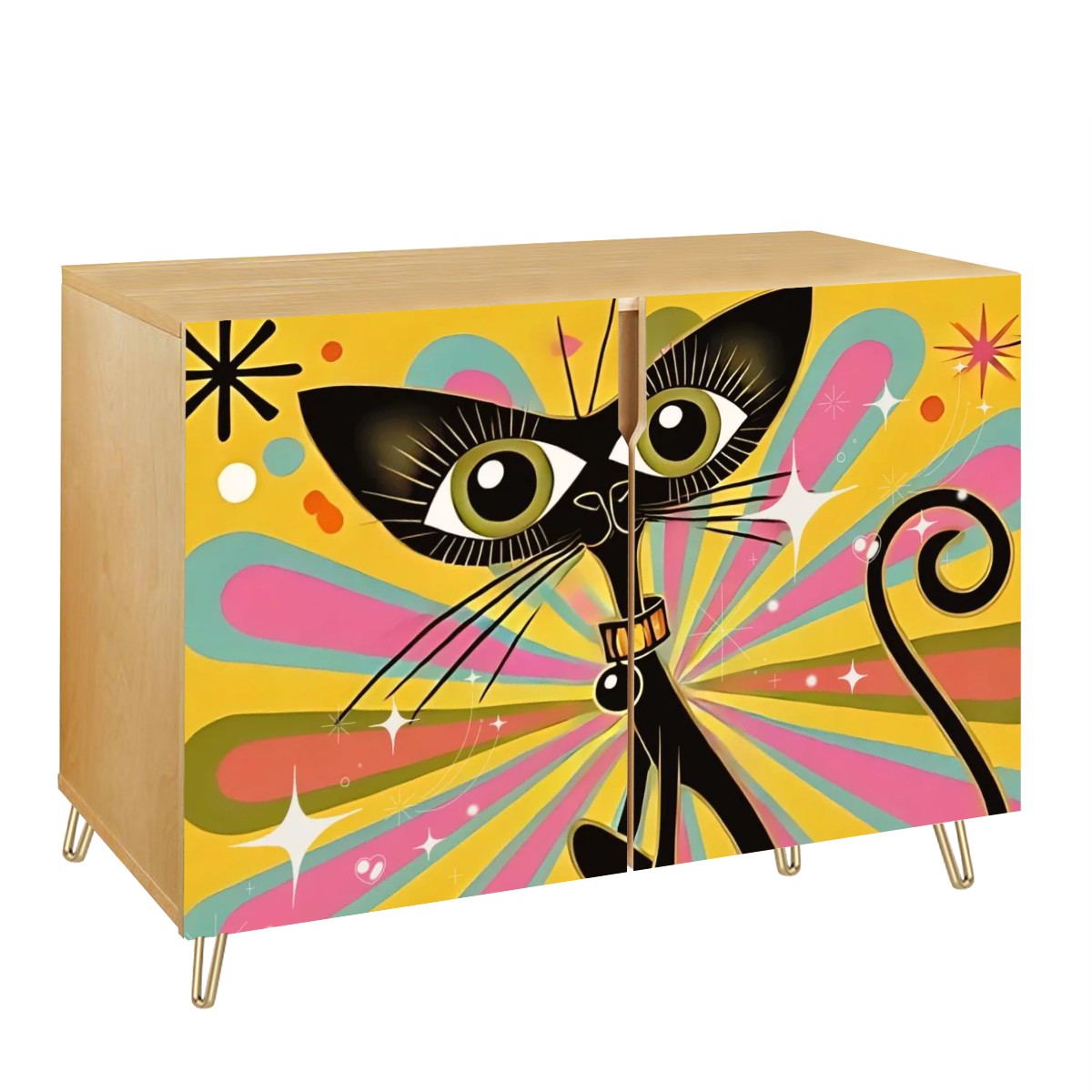 Space Age Atomic Cat, Quirky Funky Mid Mod Credenza Side Board Wooden Storage Cabinet - Mid Century Modern Gal