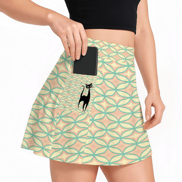 Retro Atomic Women's Tennis Skort With Pockets, Kitschy Cat, Diamnd Starburst Mod Skort