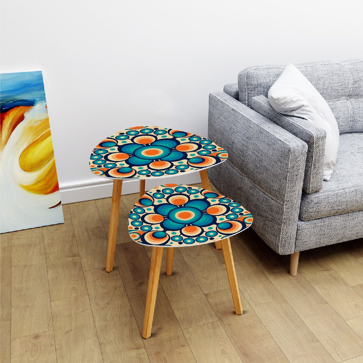 Groovy Mid Mod Nesting Tables, Blue, Orange Orbs Mod Table Set - Mid Century Modern Gal