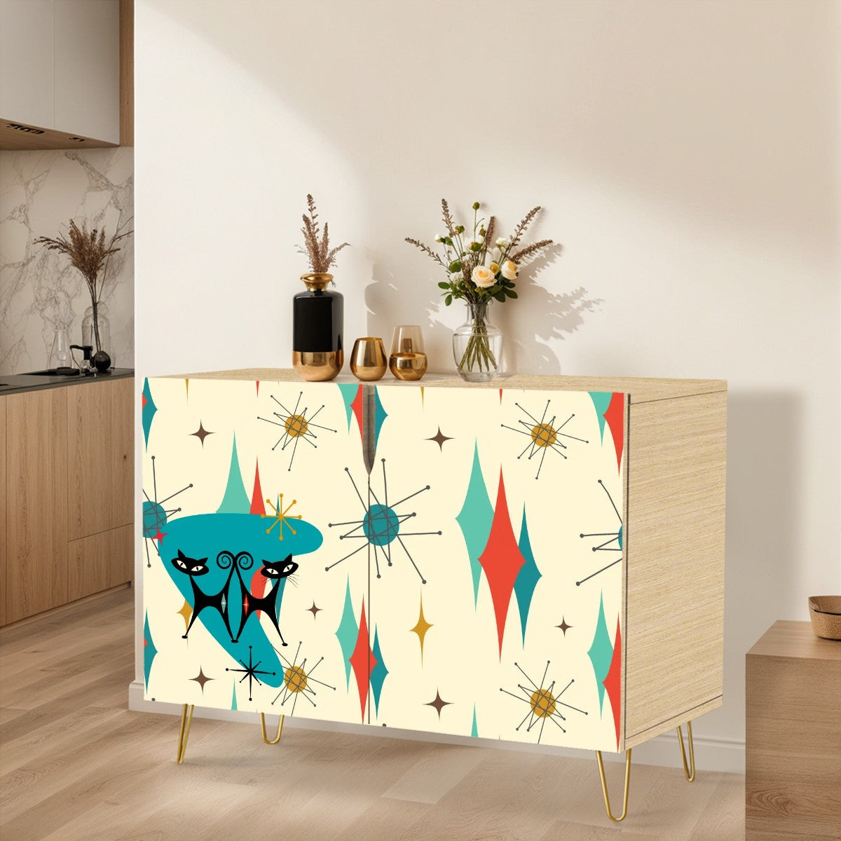 Franciscan Starburst Mid Century Modern Side Board, Mod Barware Wooden Storage Cabinet - Mid Century Modern Gal