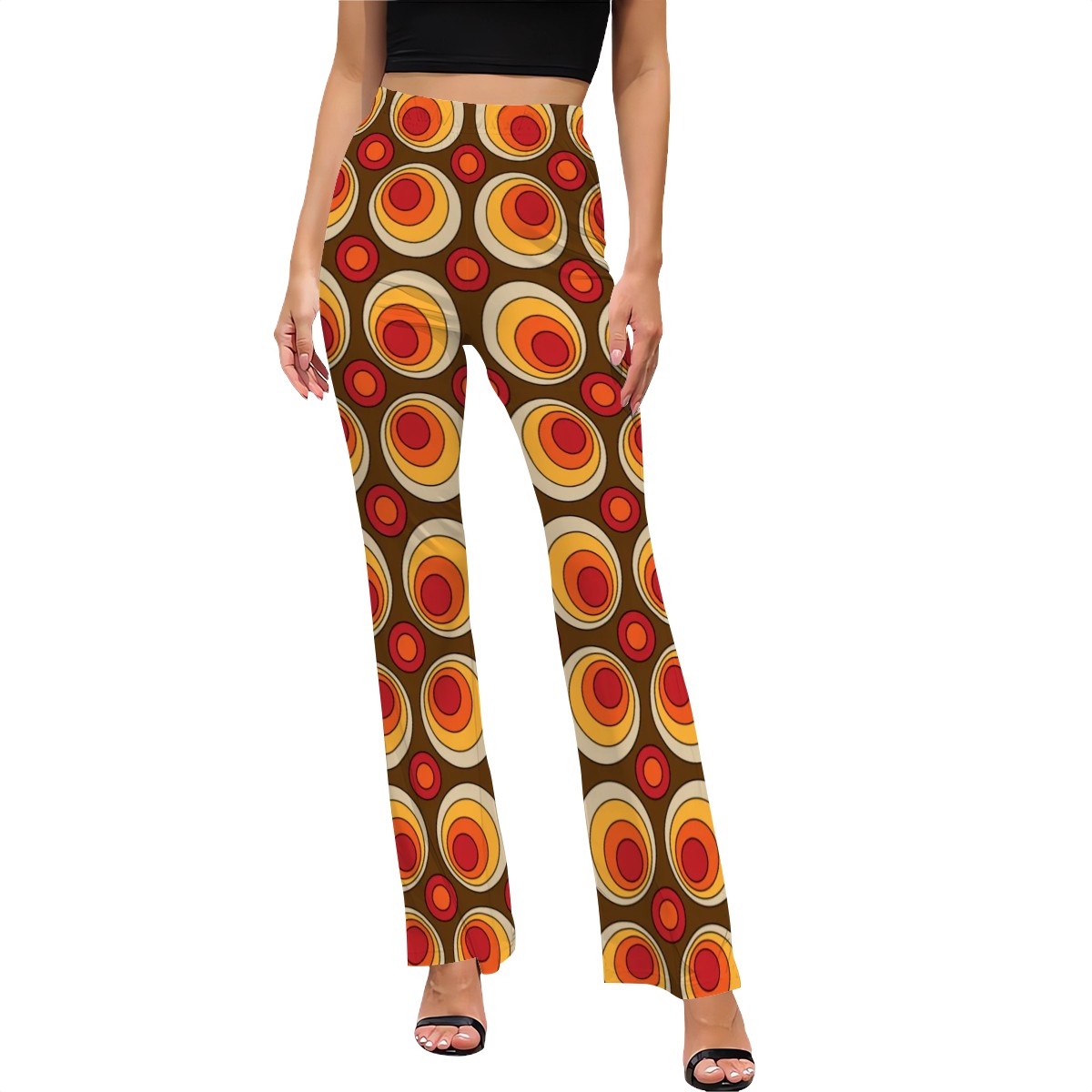 70s Style Women's Flared Pants, Groovy Orbs, Brown Orange, Yellow Hip Fun Apparel - Mid Century Modern Gal