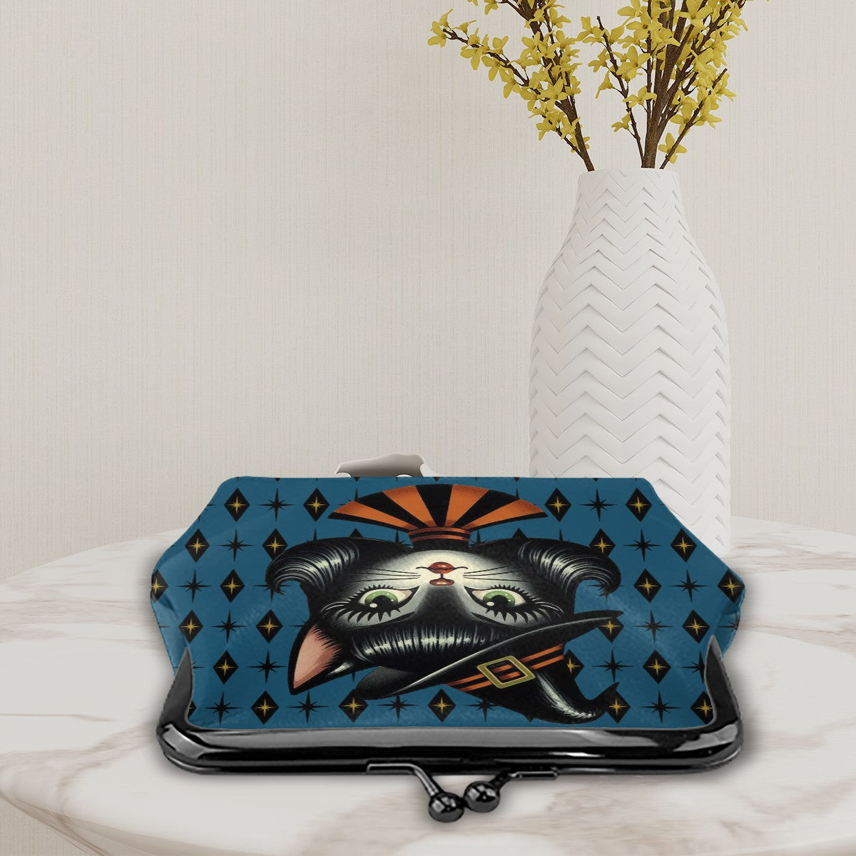 Vintage Halloween Black Cat Sexy Sexton Mid Century Modern Blue Coin Purse - Mid Century Modern Gal