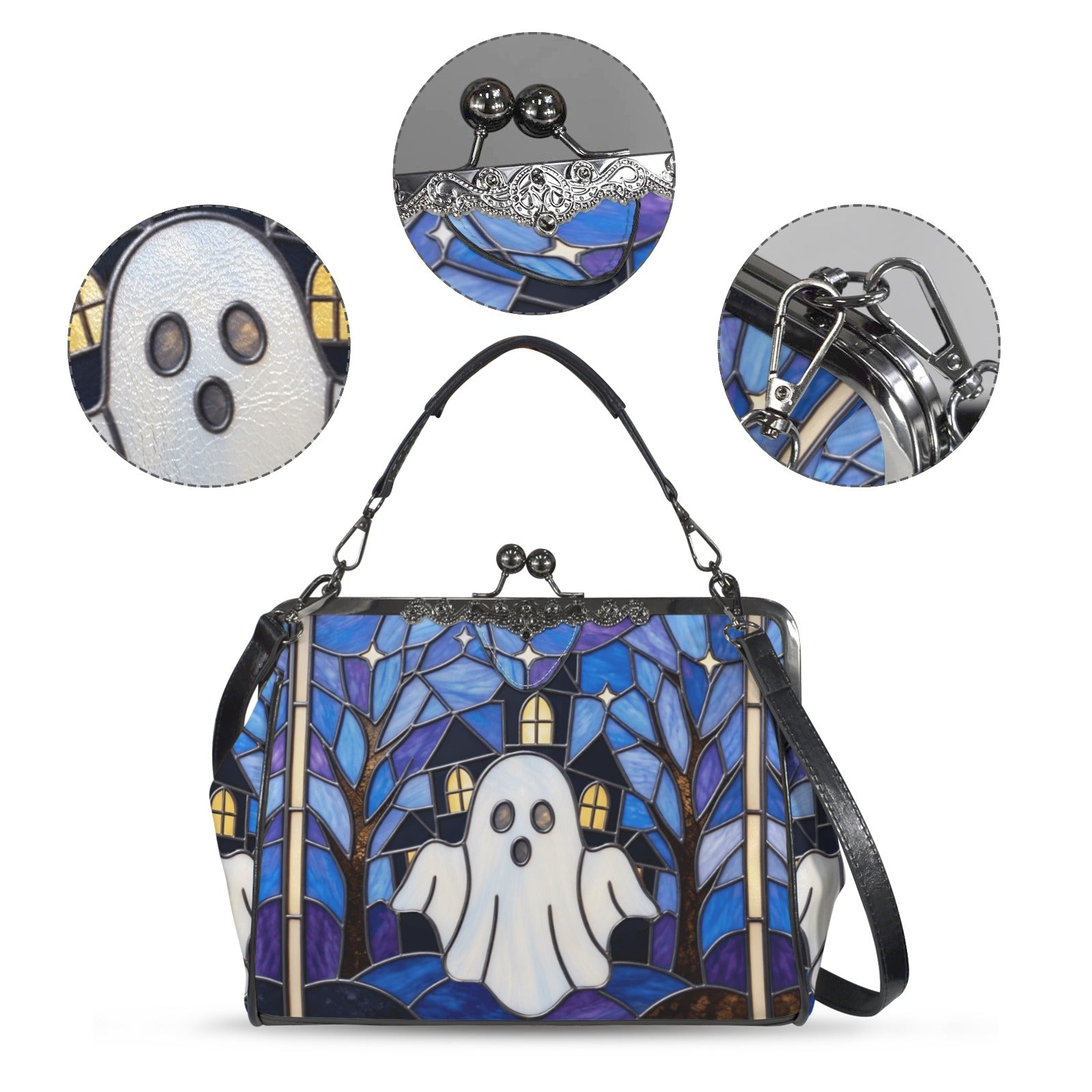 Halloween Stained Glass Style Ghost Haunted House Kisslock Crossbody Purse