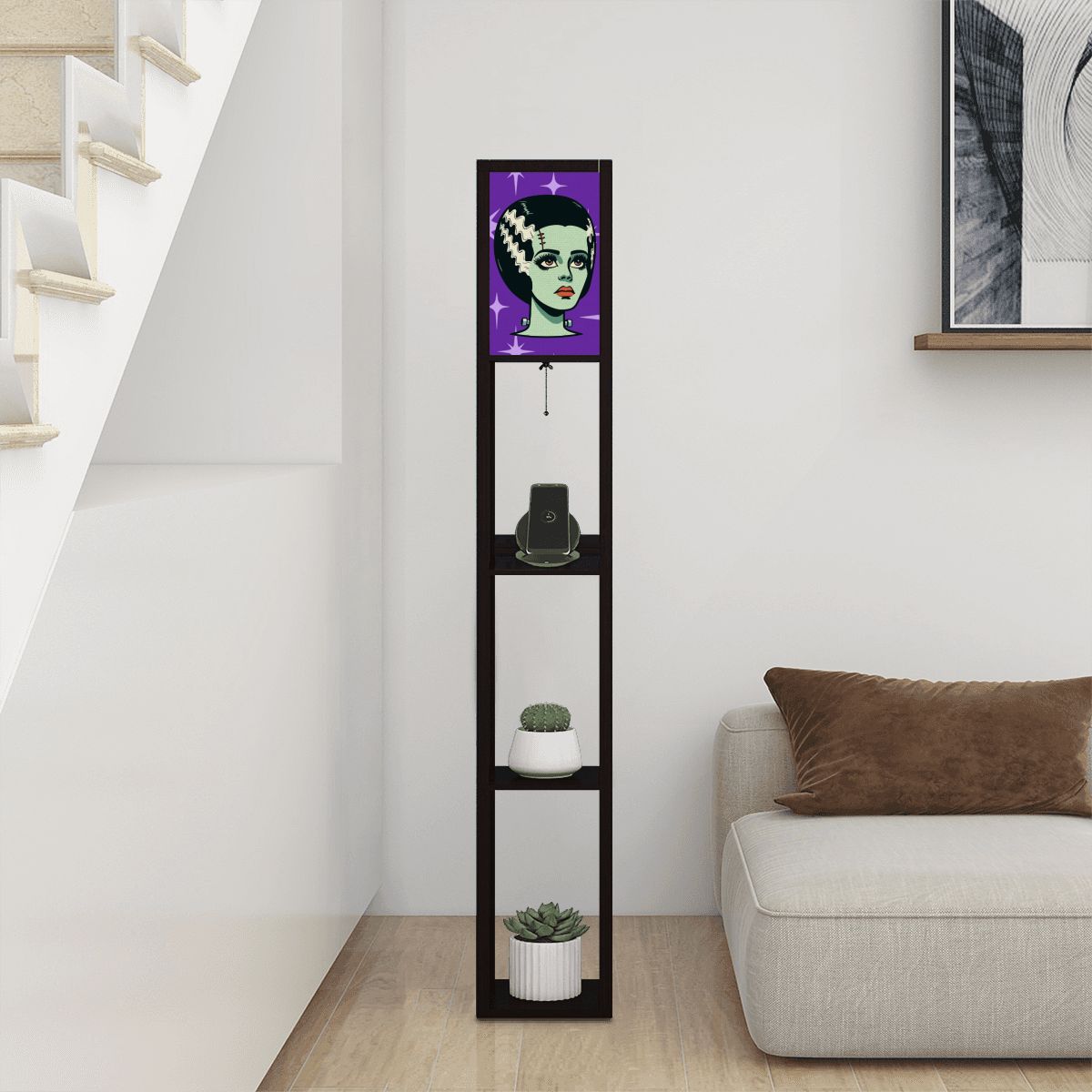 Bride of Frankenstein Retro Mid Mod Horror Buff Purple Halloween Floor Lamp with Shelves - Mid Century Modern Gal