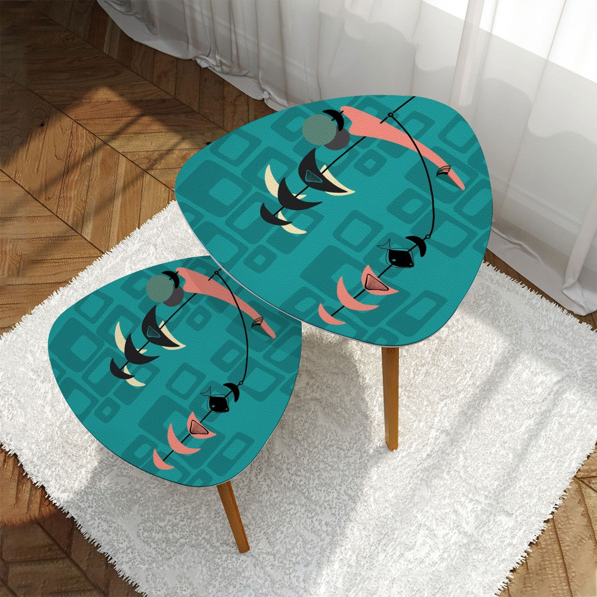 Mid Century Modern Fish Art Nesting Tables, Kitschy Mod Teal Geometric Pattern - Mid Century Modern Gal