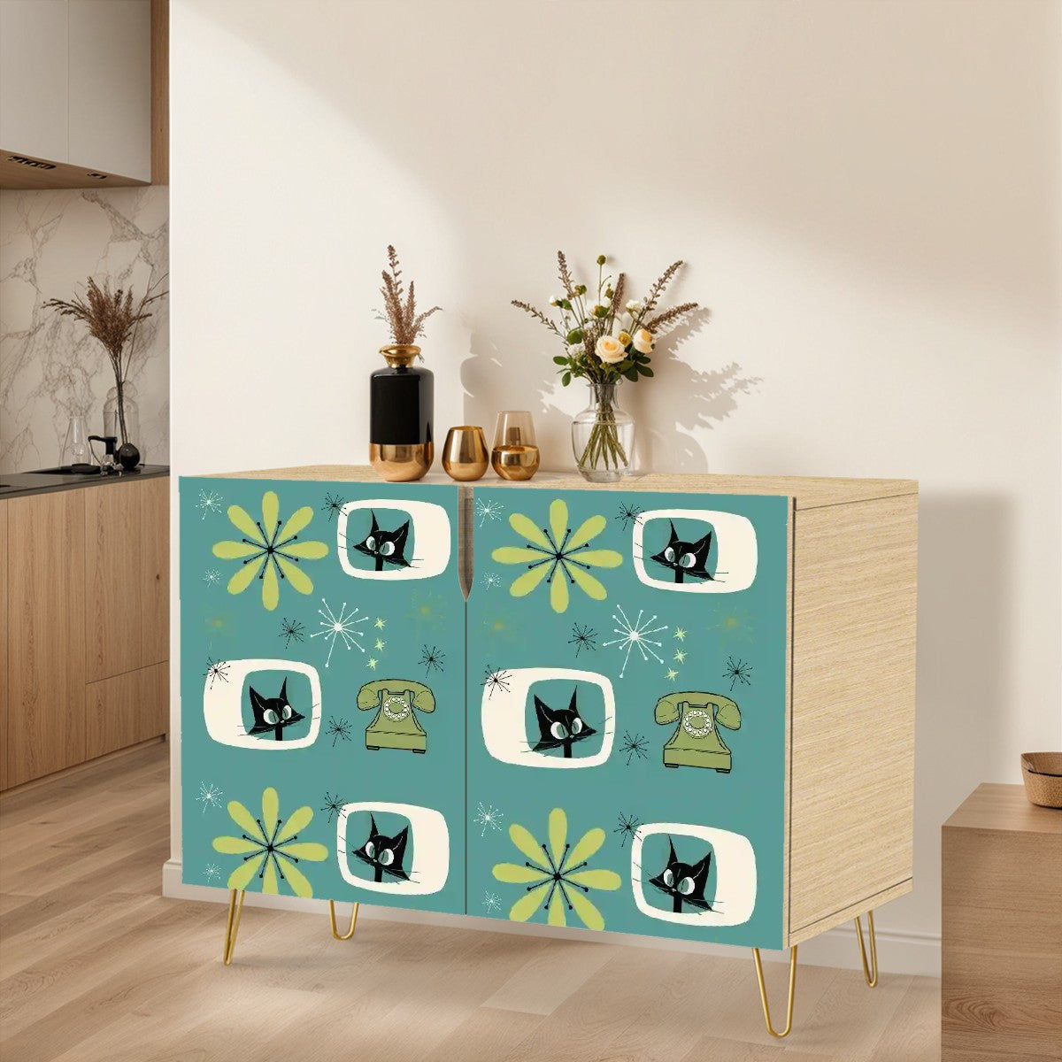 Mid Century Modern Storage Cabinet With Atomic Kitties Retro Wooden Storage Cabinet - Mid Century Modern Gal